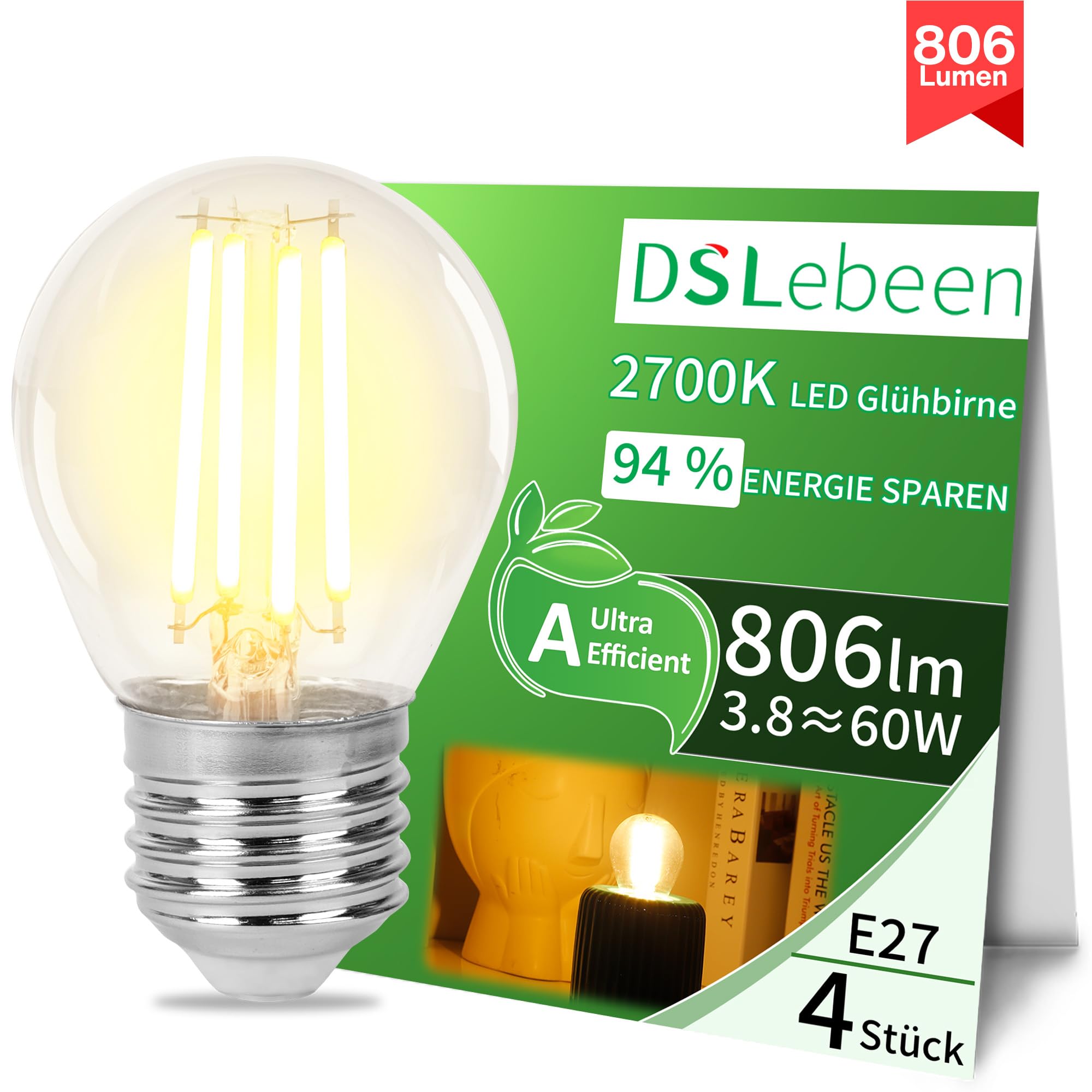 DSLebeen E27 LED Glühbirne 4 Stück, G45 Filament Fadenlampe Warmweiß 2700K, 3.8W Ultraeffizient mit 806 Lumen, ersetzt 60W Halogenlampe, Nicht dimmbar