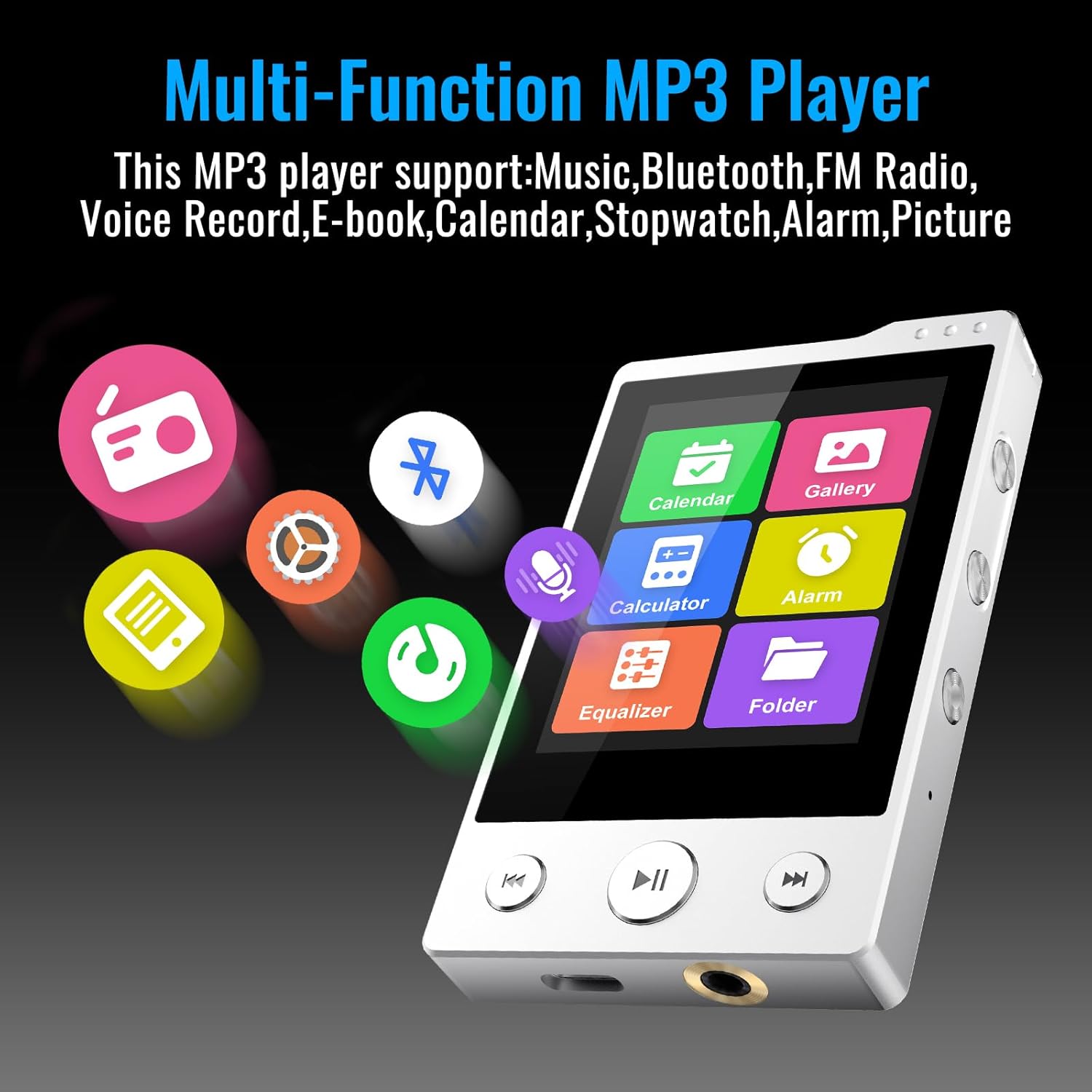 64GB MP3 Player with Sturdy Build & Durable,Aluminum Alloy,Phinistec Portable Mini Bluetooth Music Player with FM Radios,50 Hours Long Battery Life,2.4" Touchscreen,Up to 256GB