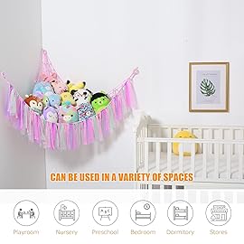 Stuffed Animal Storage Macrame Boho Plush Toy Net Hammock for Stuffed Animals with Light Pet Net for Stuffed Animals Corner Hanging Stuffed Animal Holder Teddy Bear Net for Kids Room (Shiny Pink)
