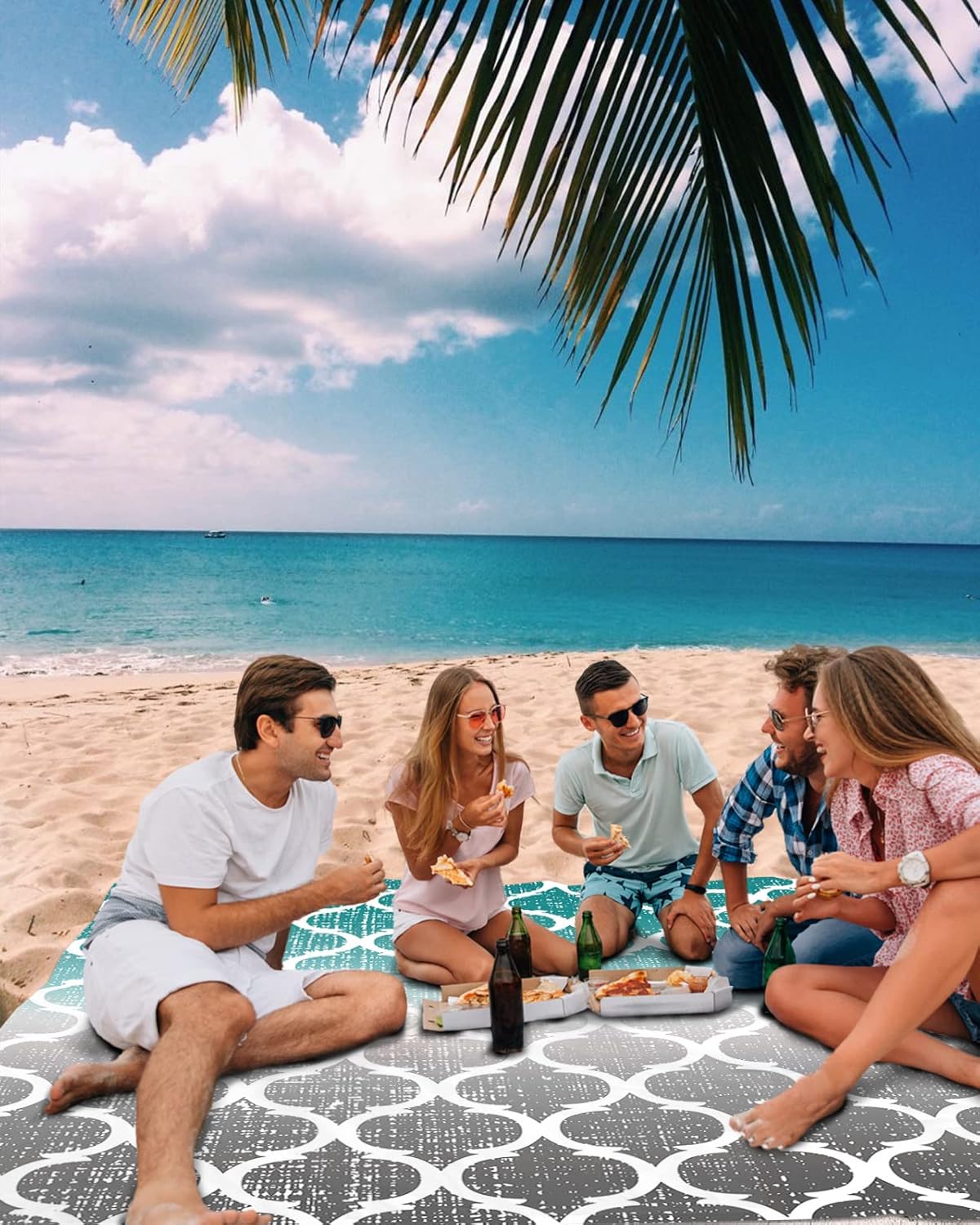 Morocco Modern Ombre Turquoise Grey Beach Blanket Waterproof Sandproof Outdoor Picnic Mat 83"x79" Abstract Lightweight Large Beaach Blankets with 4 Stake & 4 Corner Pockets