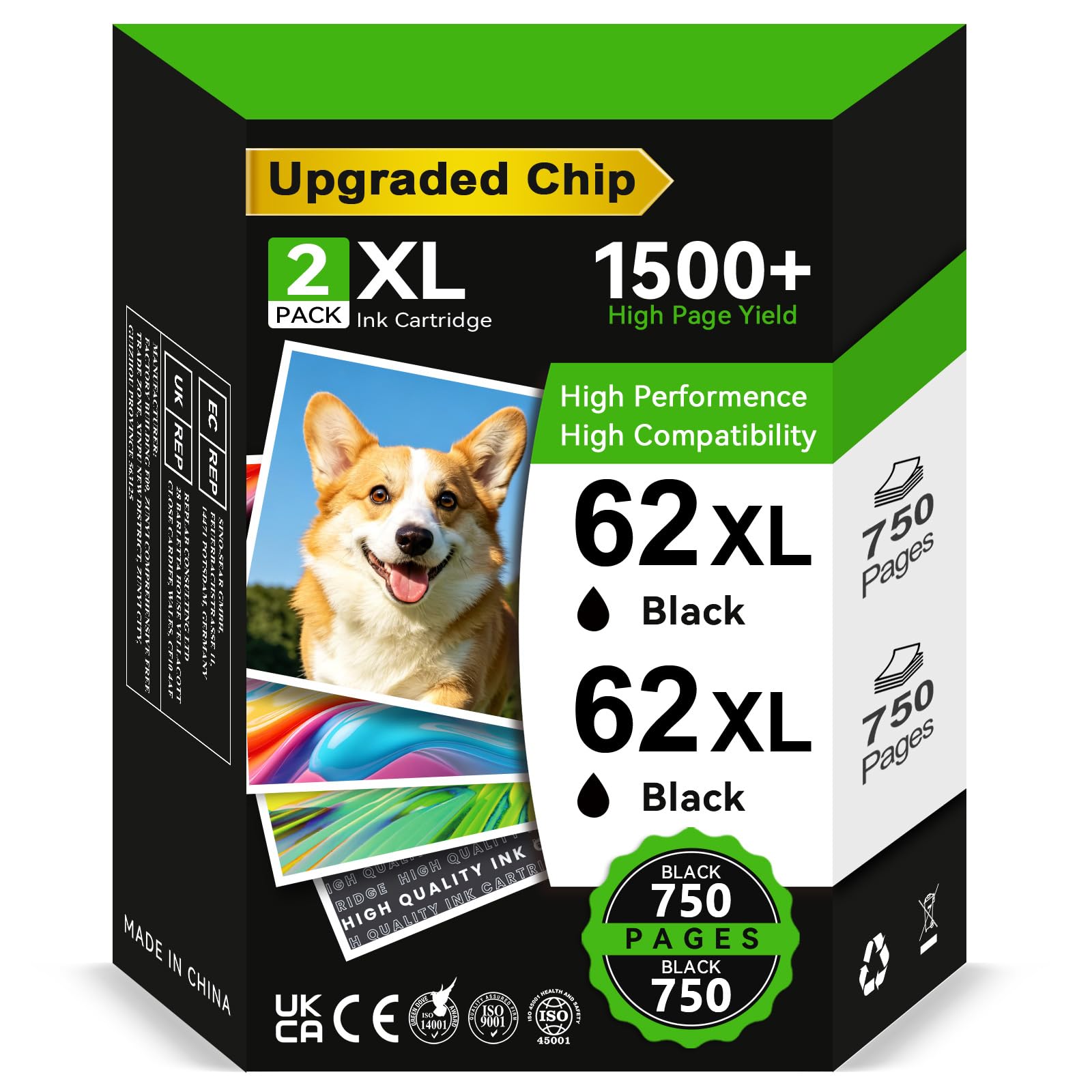Cartuchos ECOINKO 62XL Negro - 1500+ Páginas, Reemplazo para Tinta HP 62 XL Negro Originales, Tinta Impresora 62 para HP Envy 5540 5541 5542 5543 5640 5642 5643 Officejet 200 200c 250 258 (Pack de 2)