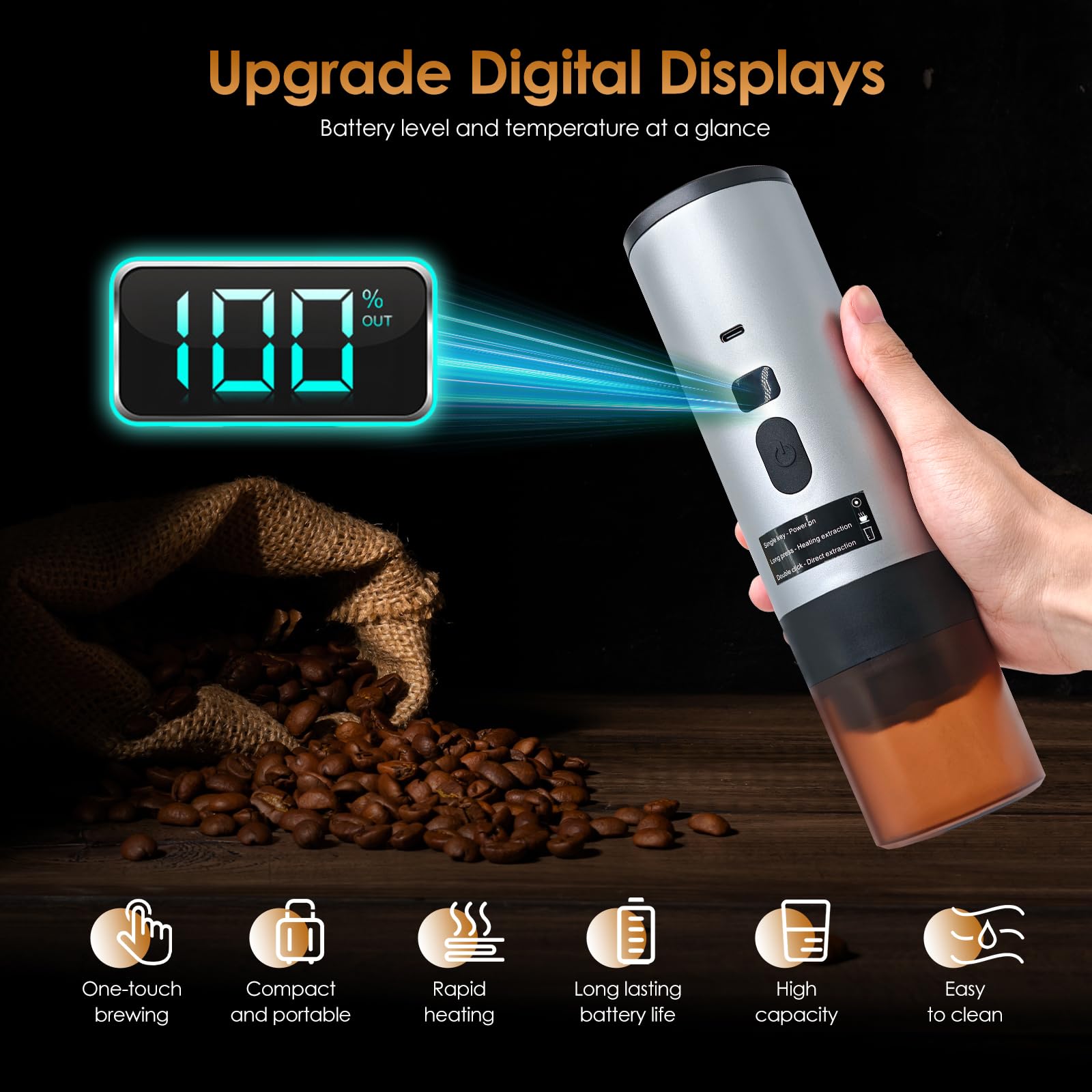 RoserRose Caffettiera Portatile, Macchina per Caffè Viaggio - Senza Fili & Auto-Riscaldante - Con Batteria 7800mAh, 15 Bar di Pressione - Compatibile con NS/DG/Caffè Macinato (Grigio)