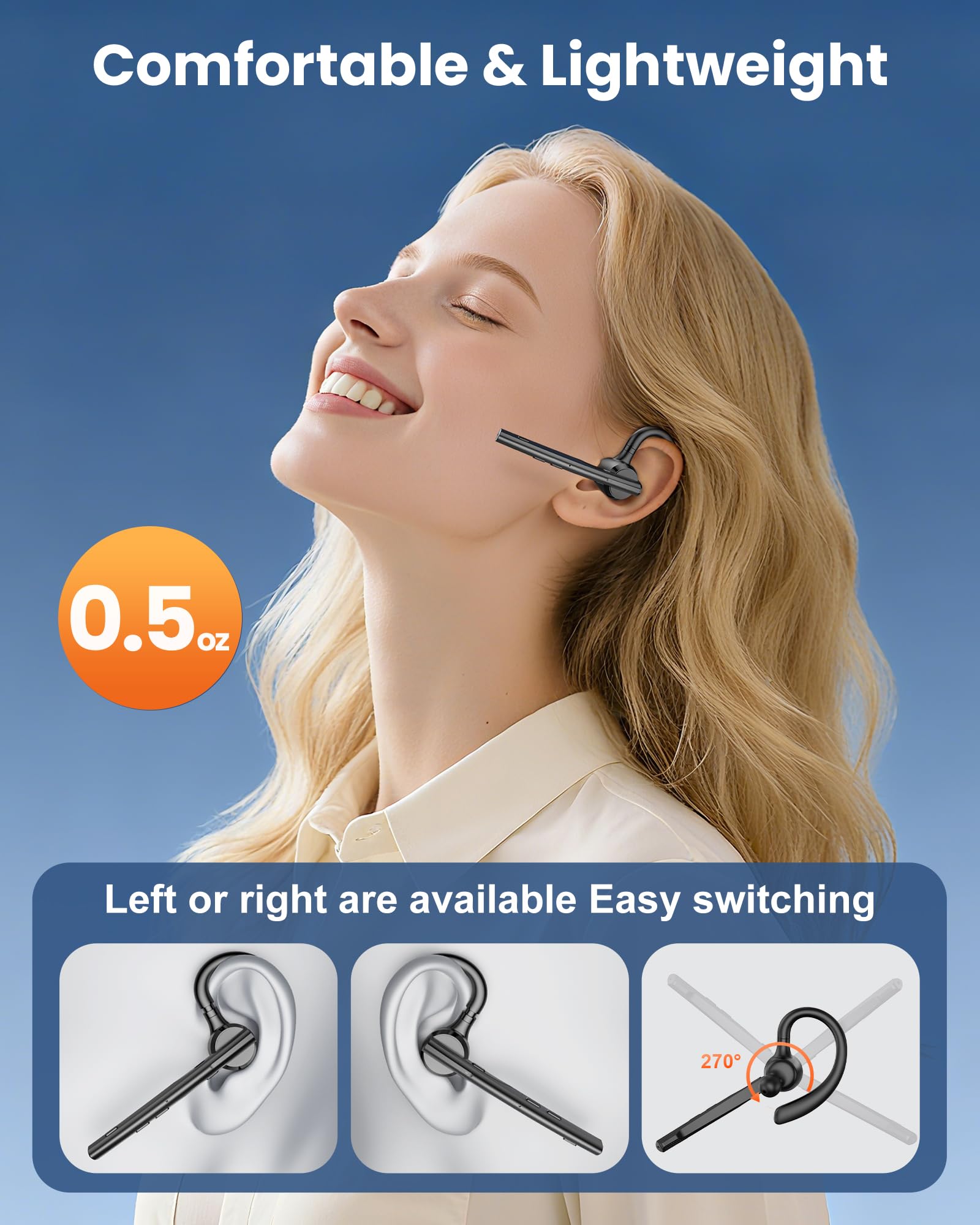 New Bee Auriculares Manos Libres Oreja Bluetooth con Doble Micrófono ENC Cancelación, Bluetooth V5.1 Auriculares Inalambricos Conexión de 2 Dispositivos 12hrs Talk Conducir/Oficina