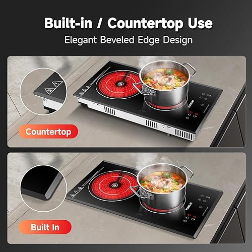 Miniatura 5 de Placa de cocina eléctrica de 2 quemadores, estufa de cerámica portátil con 9 niveles de potencia y temporizador, 1800 W 120 V, bloqueo de seguridad