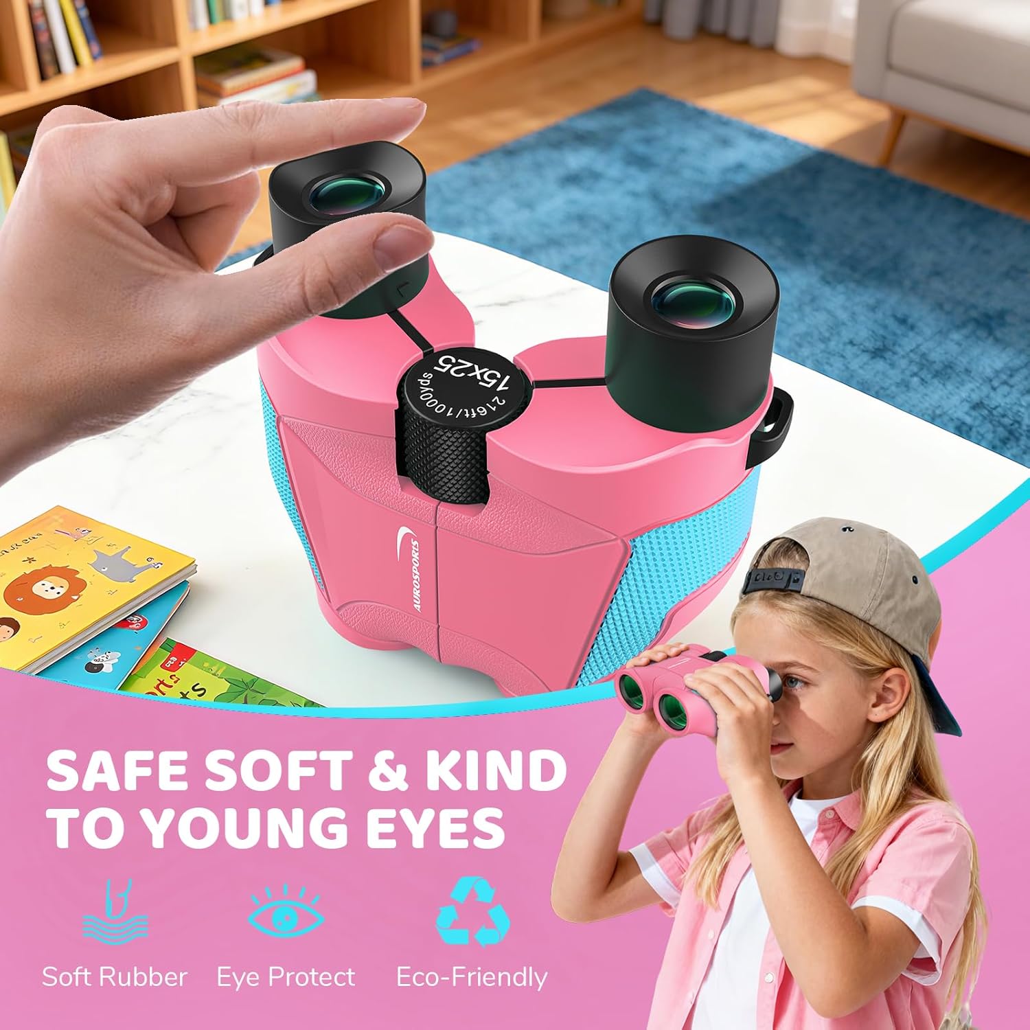 Aurosports 15x25 Compact Binoculars for Kids - Small Binoculars Lightweight with Carrying Case Birding Guide for Bird Watching Hiking Camping Travel Gift for 8-12 Years Boys Girls (Pink)