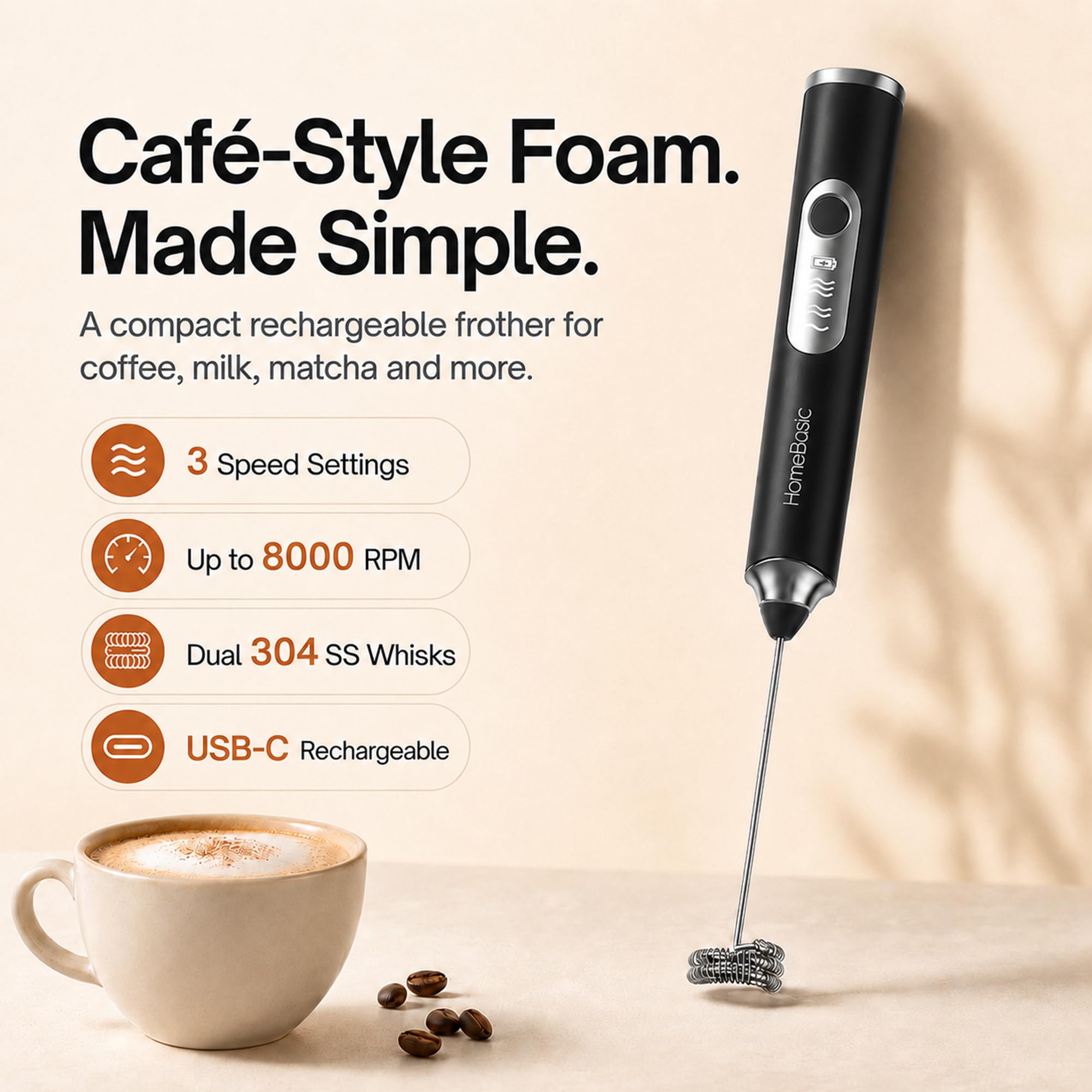 HOMEBASIC Milk Frother - 3 Speeds, Dual Whisks -4