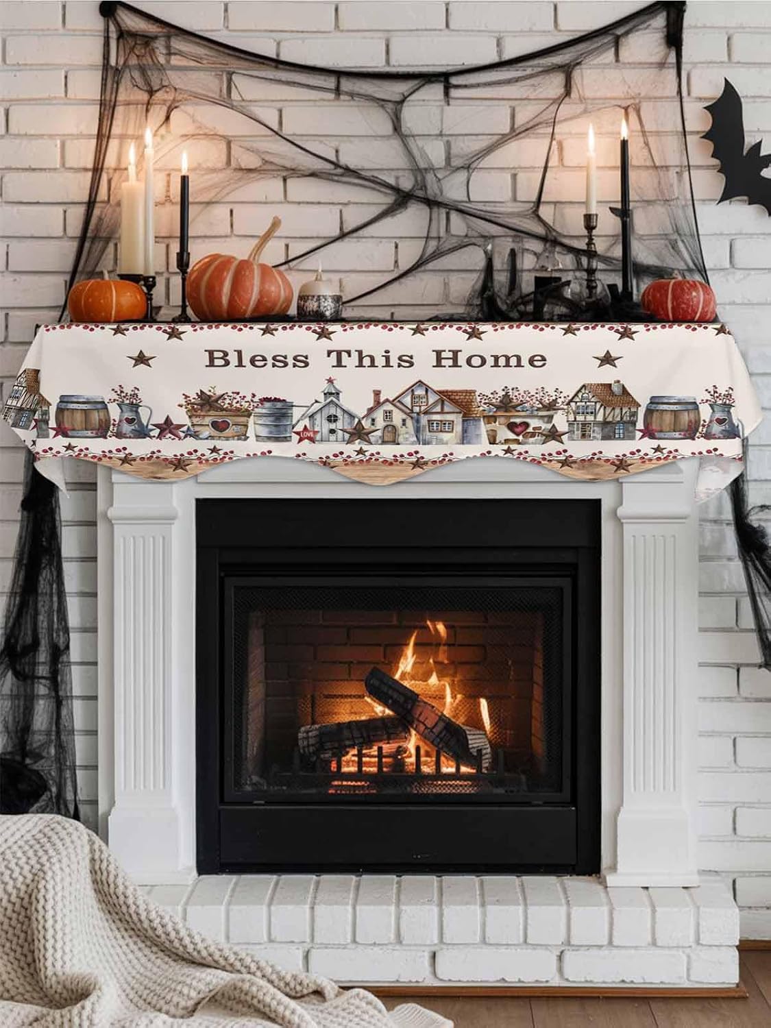 Fireplace Scarf Vintage Farmhouse Wooden Barn Quotes Mantel Scarf Fireplace Top Runner Mantle Scarves Cover,Stars Berry Fireplace Mantle Table Runner for Party Holiday Home Decor