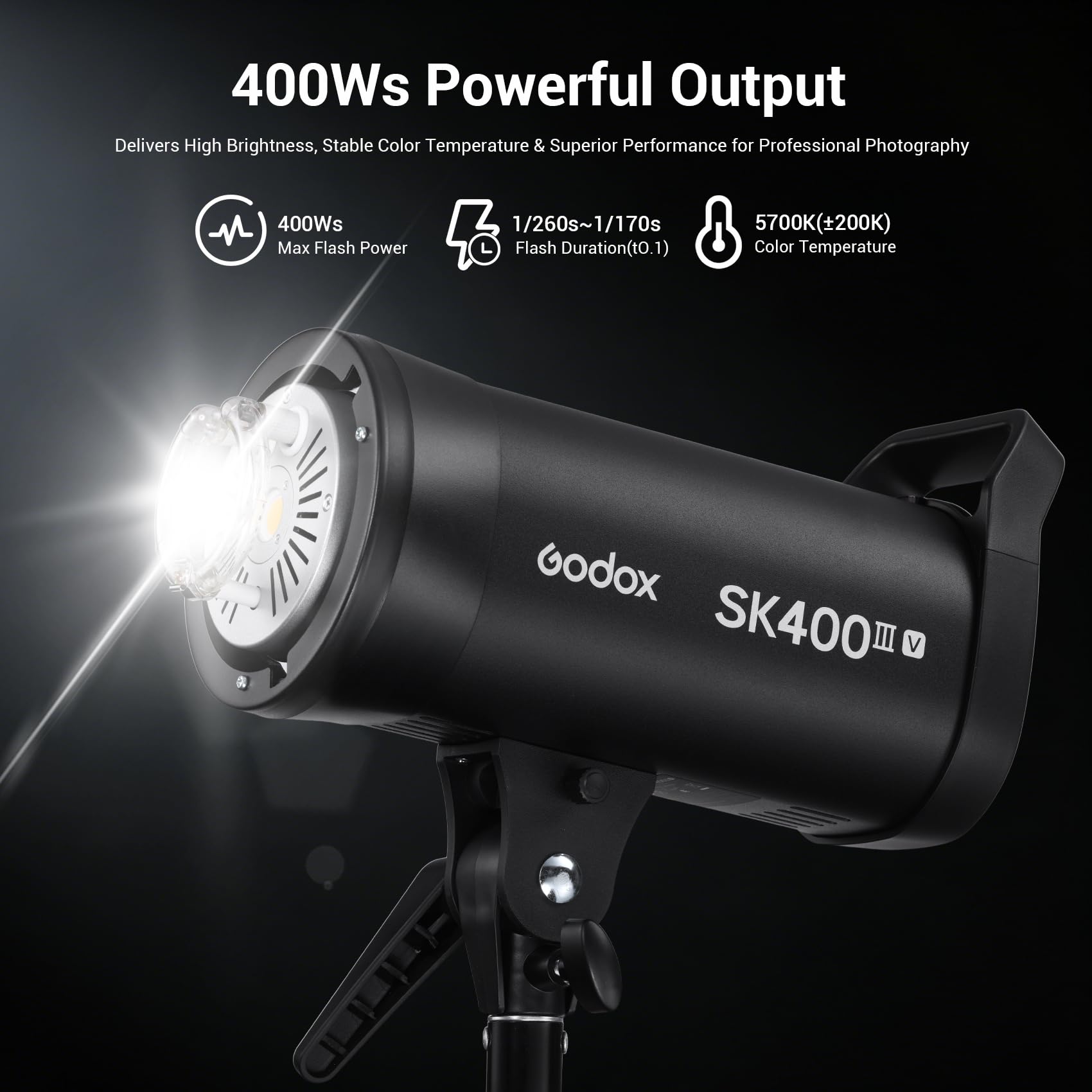 Godox SK400III-V SK400III V 400Ws Flash de Estudio Profesional Strobe | GN58,Tiempo Reciclaje 0.1-1.5s,2.4G Sistema,Montura Bowens con Lámpara Modelado LED 10W para Rodaje, Fotografía