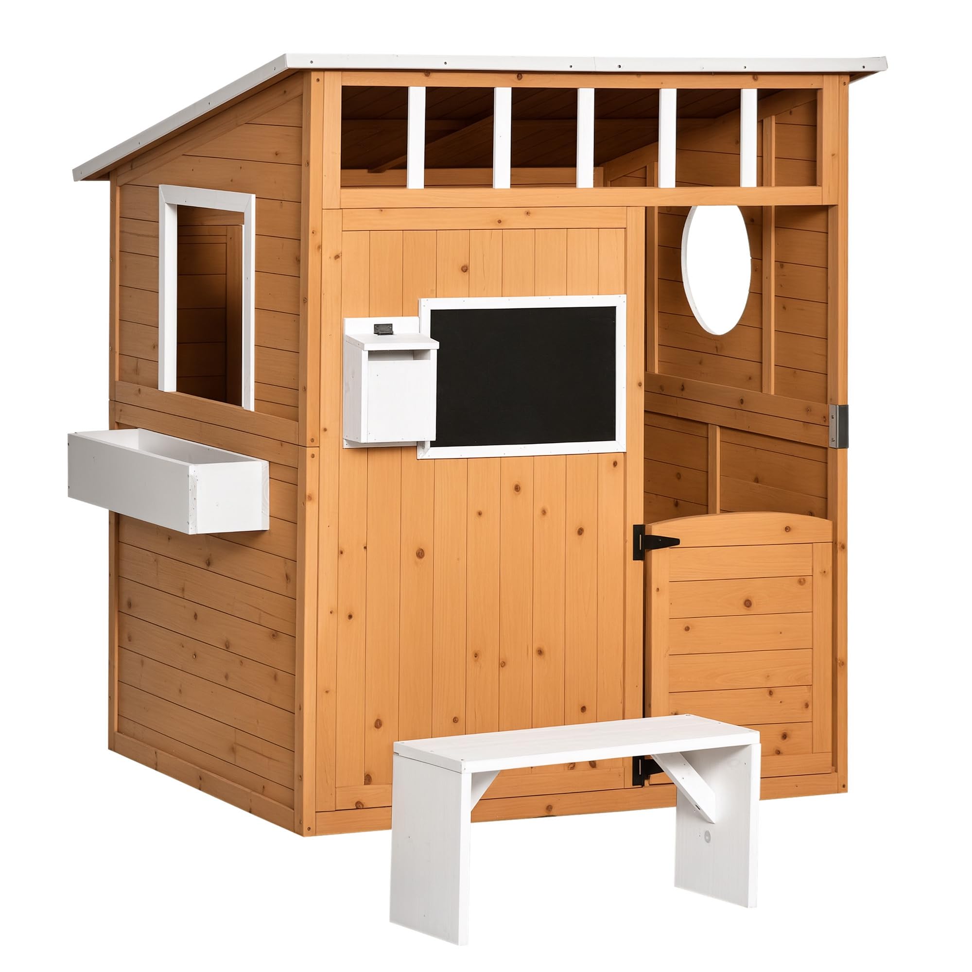 Outsunny Spielhaus Kinderspielhaus aus Holz mit Tür Fenster Briefkasten Blumentopfrack Gartenhaus für Kinder 3-8 Jahre Outdoor Indoor