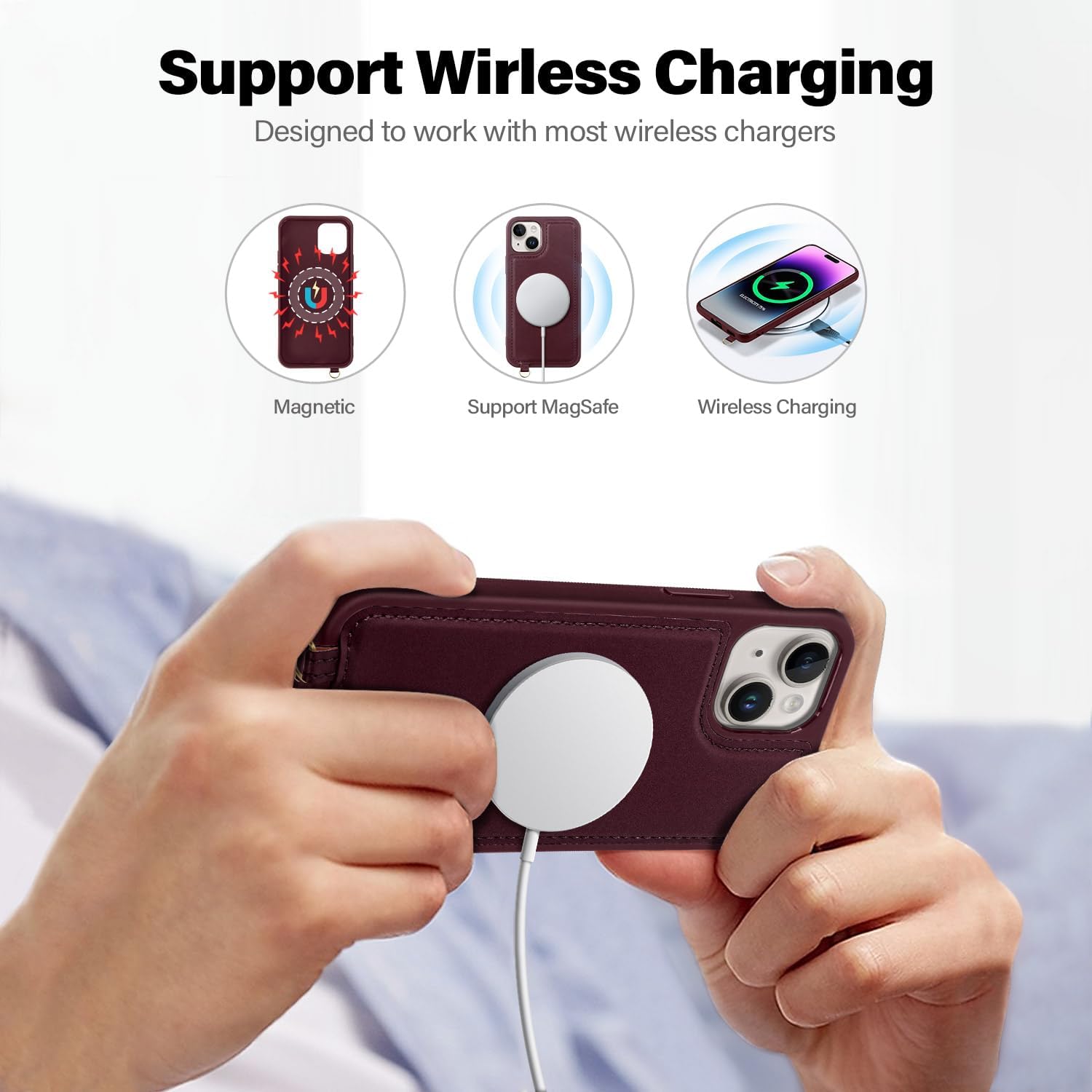 Antsturdy 2 in 1 Detachable for iPhone 14 Plus Wallet case with Magsafe,RFID Blocking Magnetic Wireless Charging PU Leather Phone case Flip Folio Cover Card Holder Wrist Strap Women Men,Wine Red
