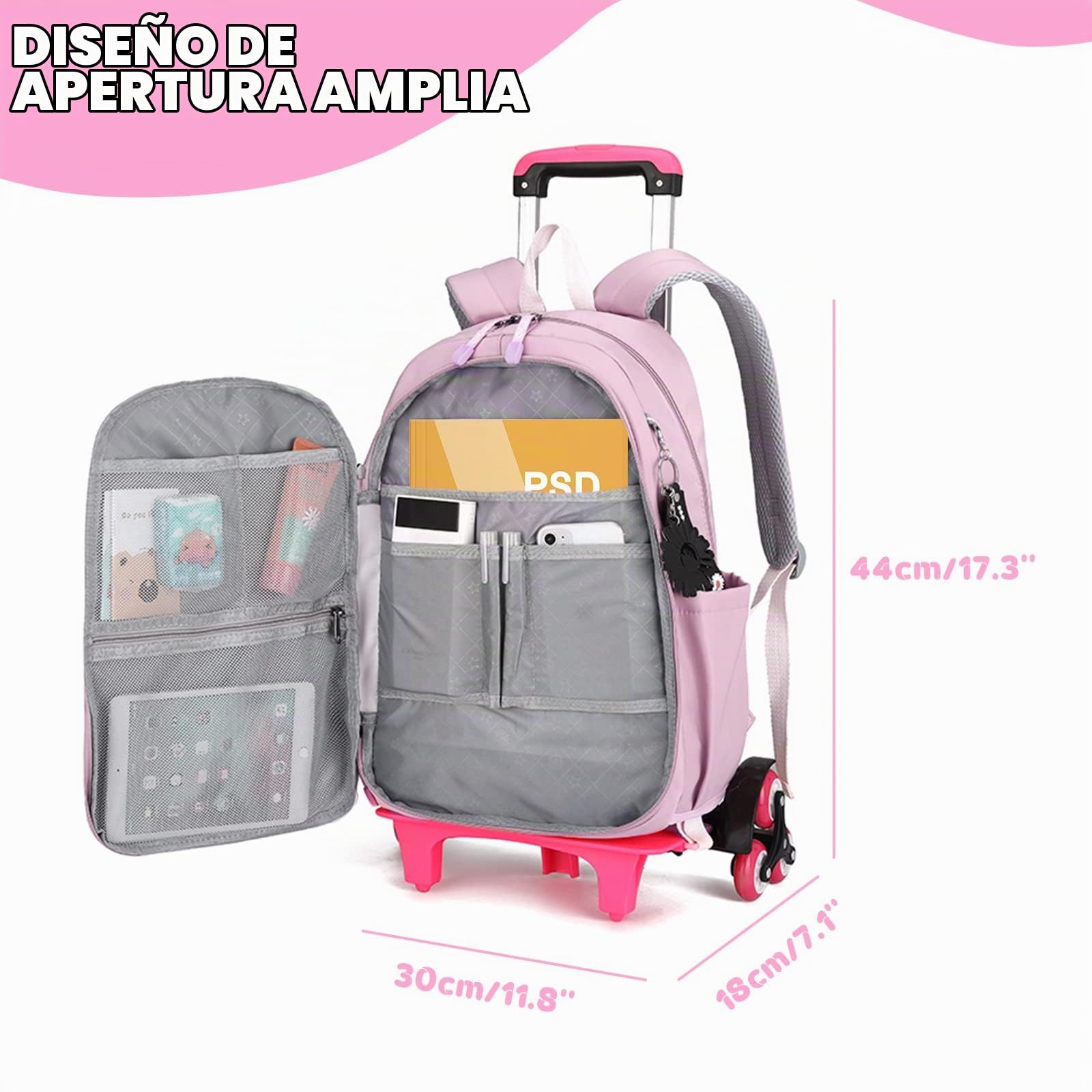 Tanou Mochila Ruedas Niña, 16 Pulgadas Mochilas Escolares con Ruedas, Desmontable Mochila con Carro Niñas para Viajes Escolar, 8-14 Años, Violeta