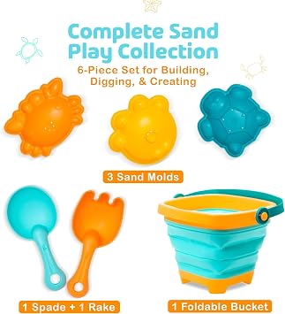6 Piece Foldable Beach Bucket Set for Kids - Ultimate Seaside Fun with Collapsible Bucket, Spade, Rake, and 3 Sand Moulds