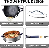 Vista 8 de 3-Quart Electric Hot Pot & wok Nonstick with Steamer Electric Skillet 1200W for Dorm, Home, Gifts (Includes Silicone Spatula) Multi-Cooker