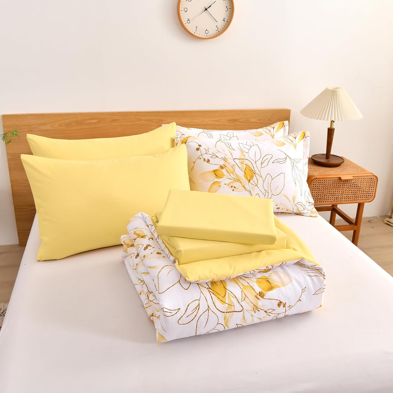 WONGS BEDDING Yellow Botanical Comforter Set Full, 7 Pieces Floral Bed in a Bag Gloden Leaves Bedding Set Soft Microfiber Full(1 Comforter,2 Pillowcase,2 Pillow Shams,1 Flat Sheet,1 Fitted Sheet) - Image 3