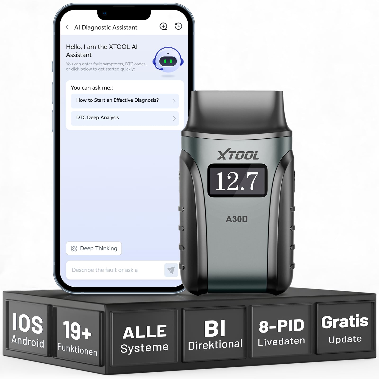XTOOL A30D OBD2 Diagnosegerät Bluetooth, Bidirektionales Diagnosegerät Auto, Vollsystem, KI-Assistent, 19+ Funktionen, Öl ABS EPB DPF SAS, 8-PID Live-Daten, Lebenslange Update für iOS Android, CAN FD