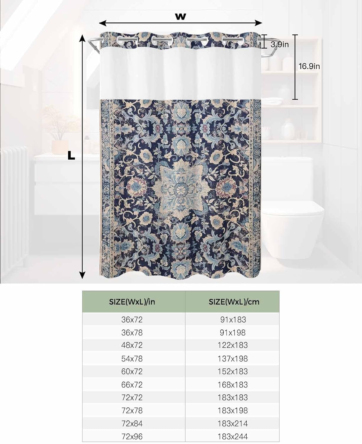 ALAGEO Shower Curtain with Snap-in Fabric Liner Set Vintage Medieval Ethnic Style Figure No Hook Shower Curtain with Mesh Top Window Turkish Texture Shower Curtains Waterproof 72x84
