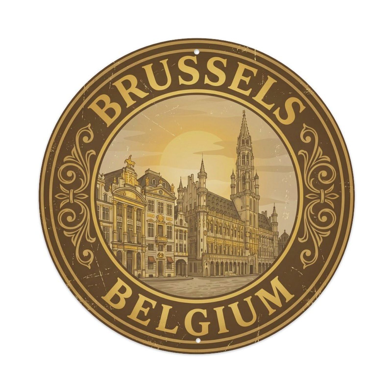 Vintage Travel Belgium Brussels Circle Vintage Metal Tin Sign Plaque Wall Decor for Cafe, Club Bar, Office, Garden Metal Poster 8x8Inch