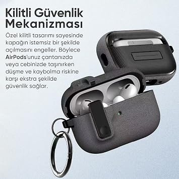 Minesk Airpods Pro 3 ile Uyumlu Fabric Serisi Özel Kilitli Tasarım ve Kumaş Yüzeyli Kılıf Darbelere Karşı Koruyucu Kapak (Gri, Airpods Pro 3 (2025))