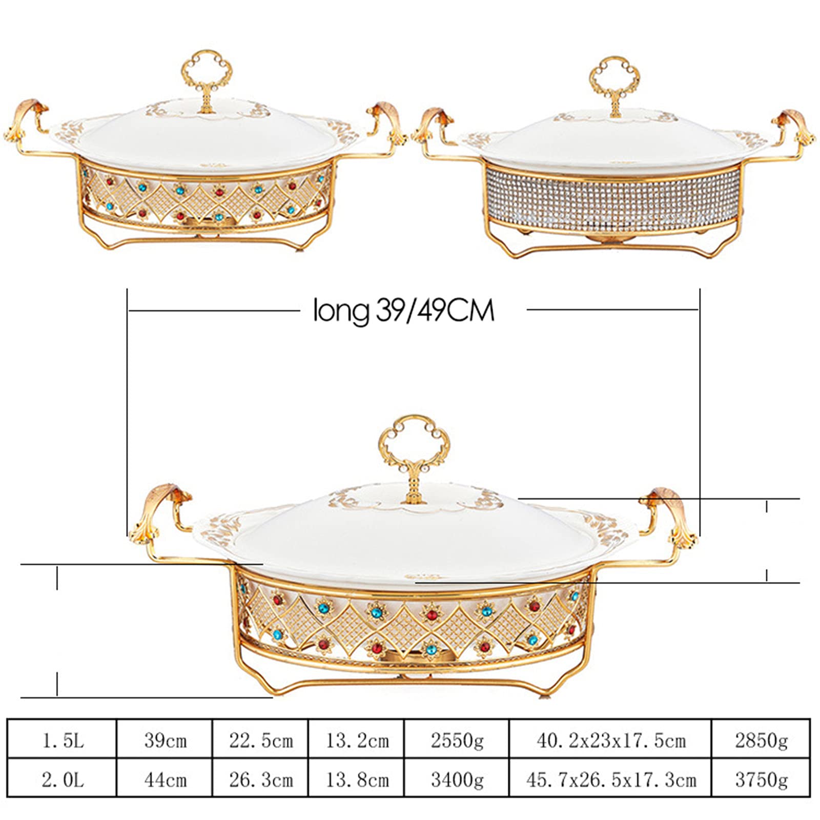 Naczynie do wycierania ze stali nierdzewnej z ceramicznym garnkiem i pokrywkami, okrągła taca bufetowa catering, wielofunkcyjna domowa zupa suchy garnek zastawa stołowa bufet gorący garnek wesela imprezy, białe 1,5 l