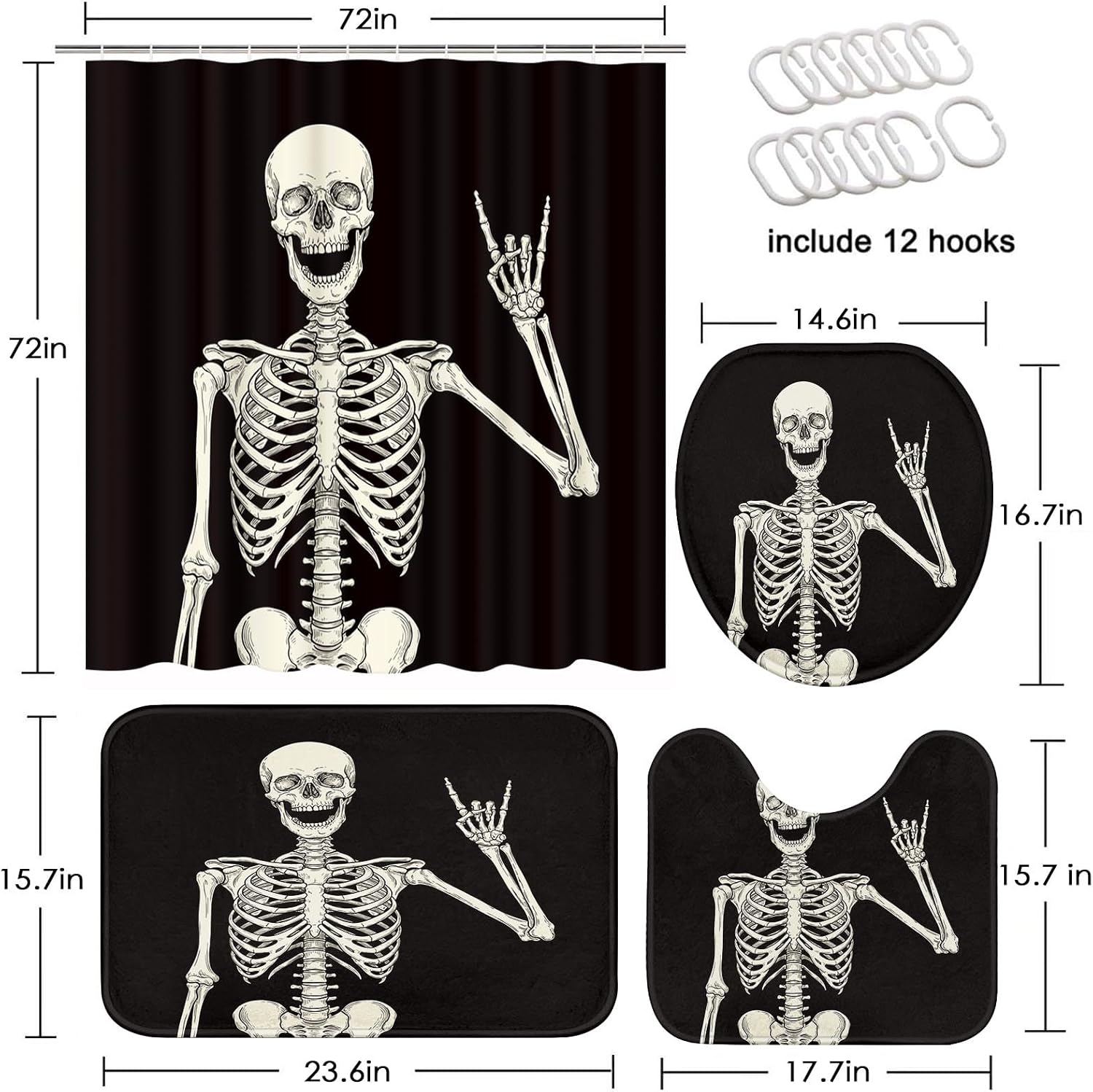 ArtSocket Skeleton Bathroom Set with Shower Curtain and Rugs Accessories Rock Skull Horror Retro Black Creative Shower Curtain for Bathroom Decor 4 Pcs