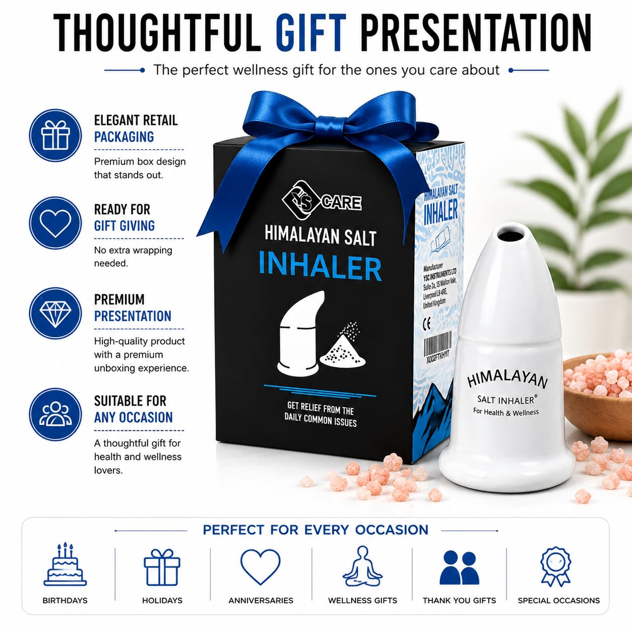 YSCARE Inalatore manuale in ceramica con sale himalayano, riempito con sale himalayano puro al 100% – per un'igiene e una salute ottimali, con 100 grammi di sale in omaggio. (3) (1)