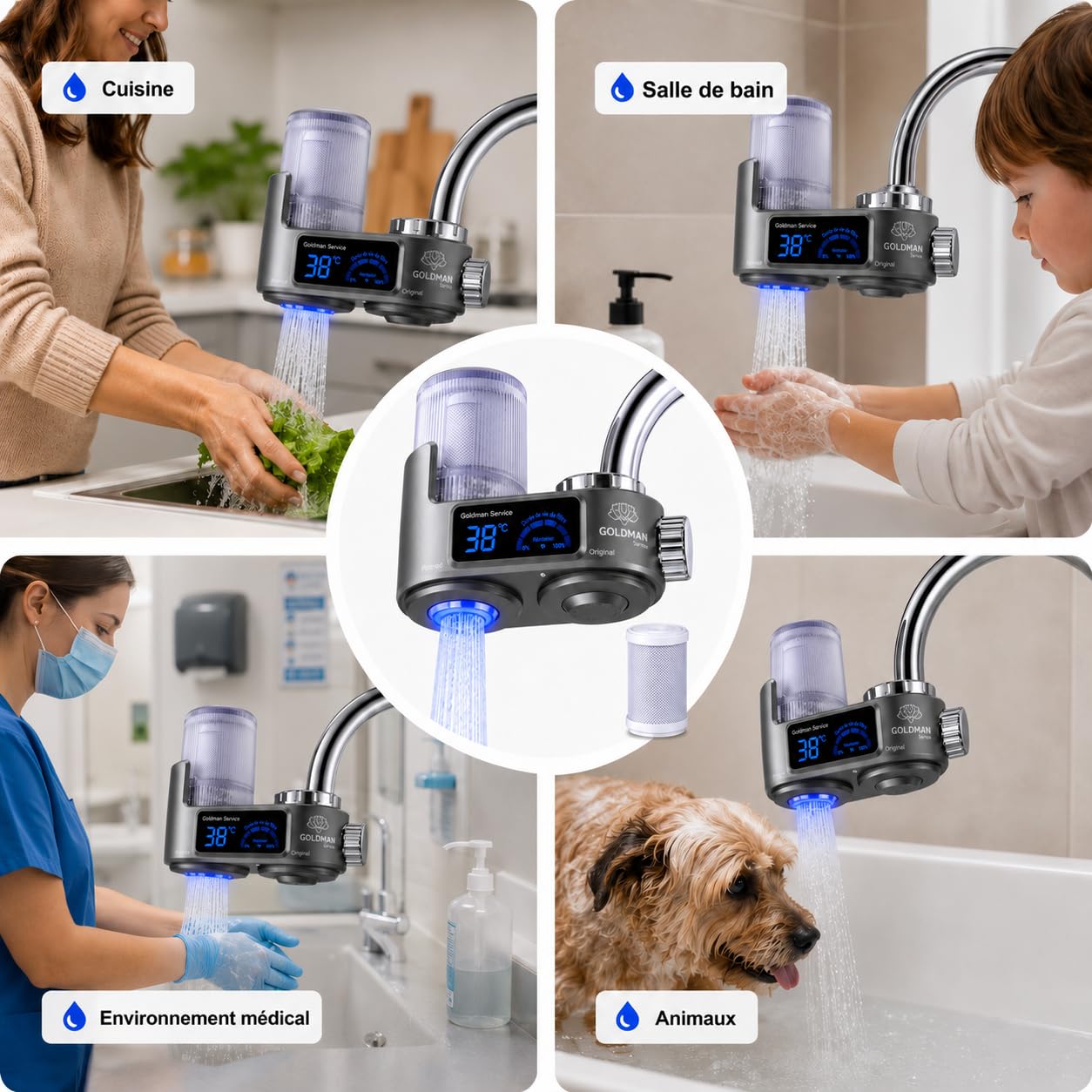 GOLDMAN SERVICE Filtre purificateur d'eau pour robinet avec écran numérique, indicateur de température en temps réel, filtre de rechange inclus et 6 adaptateurs universels