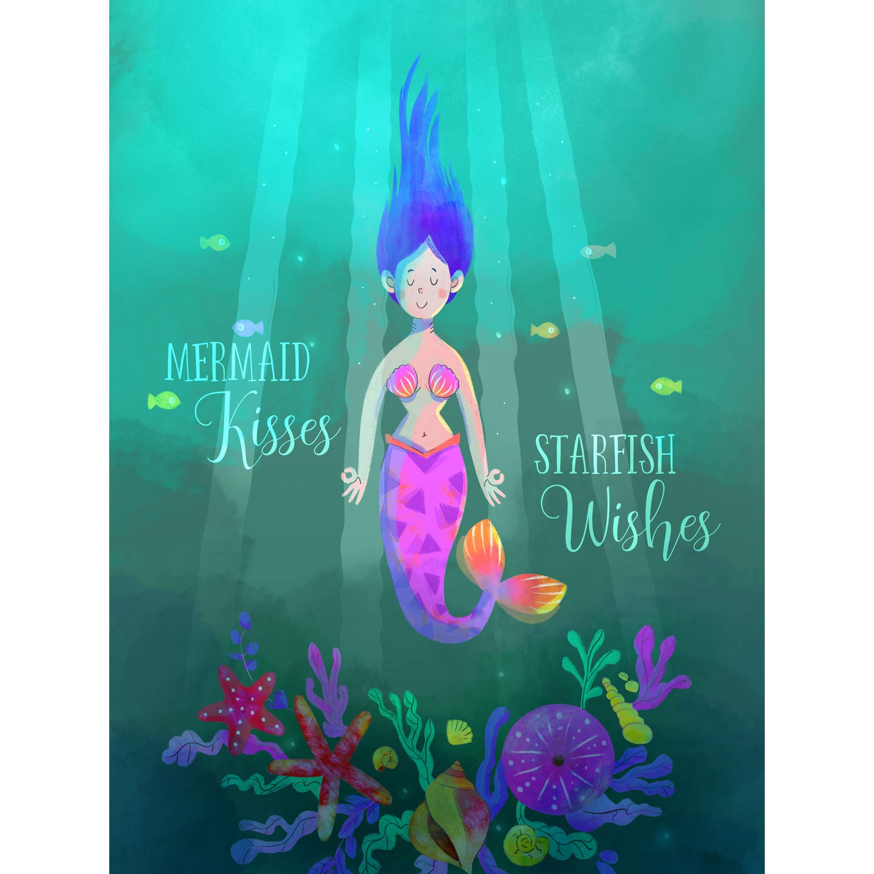 Wee Blue Coo Mermaid Kisses Starfish Wishes Canvas Wall Art Print