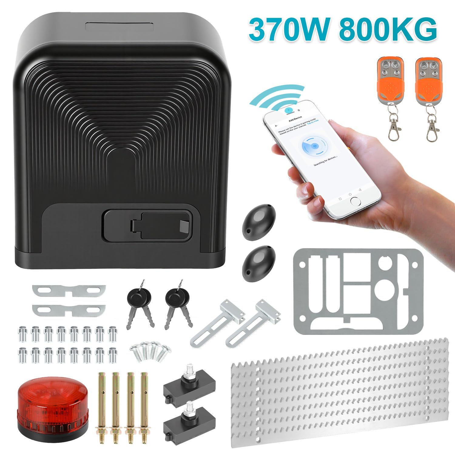 Napęd do bramy przesuwnej WiFi Bluetooth 370 W, nośność 800 kg, wodoszczelność IP44, z pilotem zdalnego sterowania, kluczem, czujnikiem podczerwieni i lampką ostrzegawczą, elektryczny otwieracz drzwi