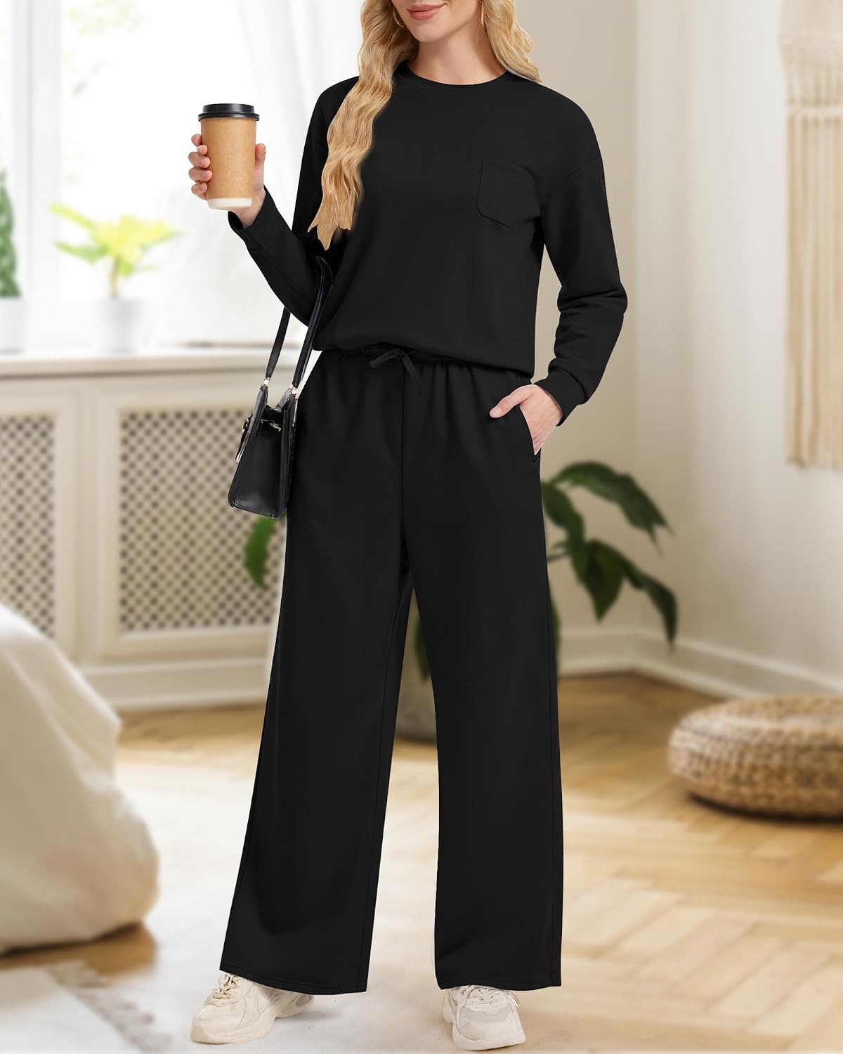 2 Piece Travel Set for Women Fall Lounge Sets 2025 Crew Neck Wide Leg Pants Vacation Travel Airport Outfits