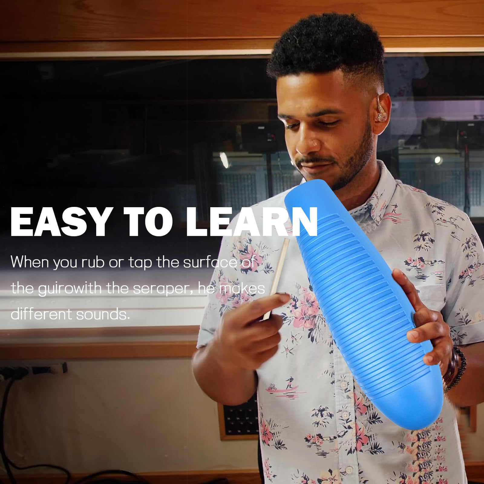 Soulmate Fish Guiro Instrument 3.9" x 13" Latin Percussion with 2 Scrapers, Professional Guiro Shaker for Beginners, Live Performances, and Musical Training, Blue