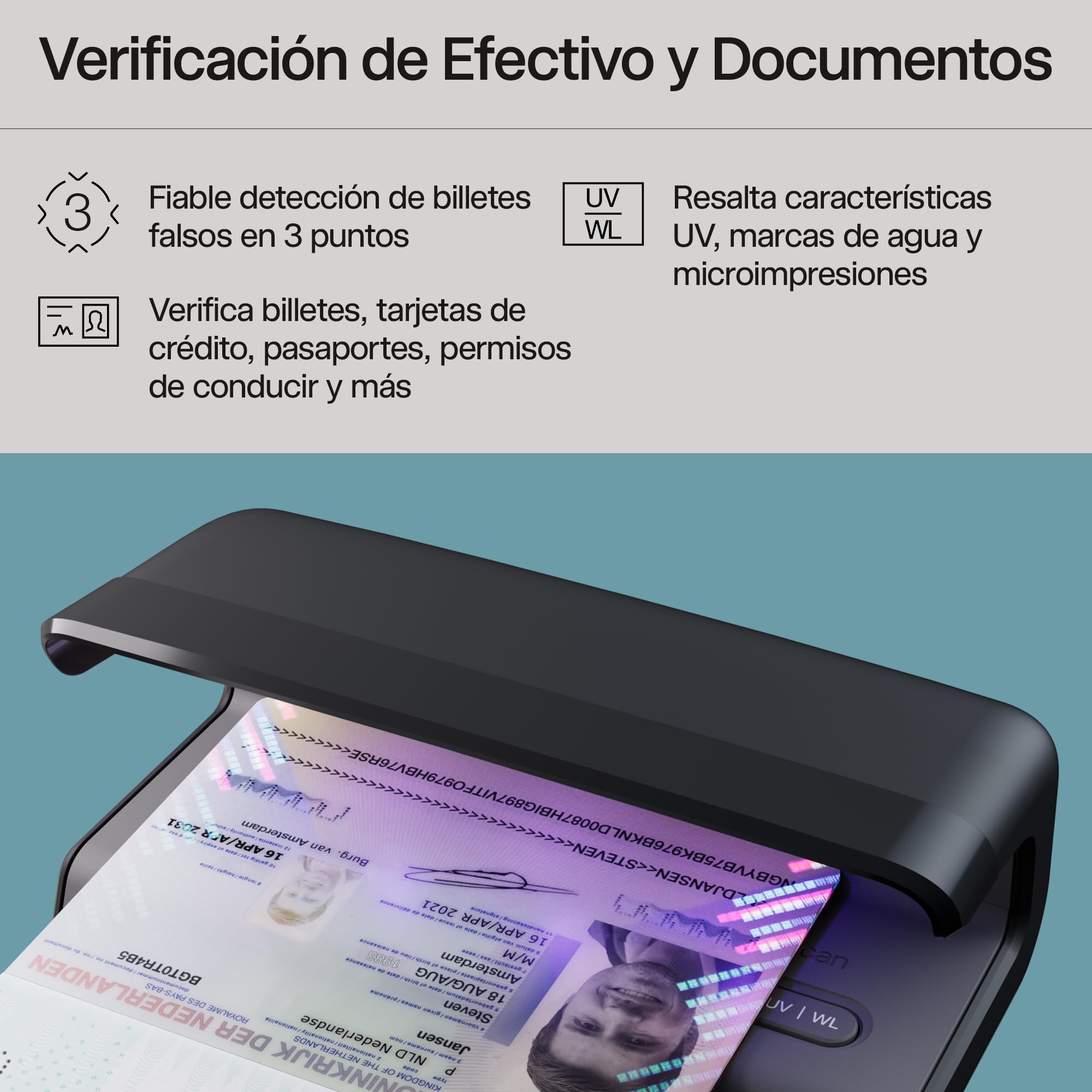 Safescan 75 LED Detector de billetes falsos UV blanco triple detección