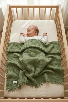 HAMUR 4 Katlı Müslin Bebek Pikesi%100 Pamuk 85x100 cm Yenidoğan Bebek Arabası Puset Örtüsü Battaniye Yeşil