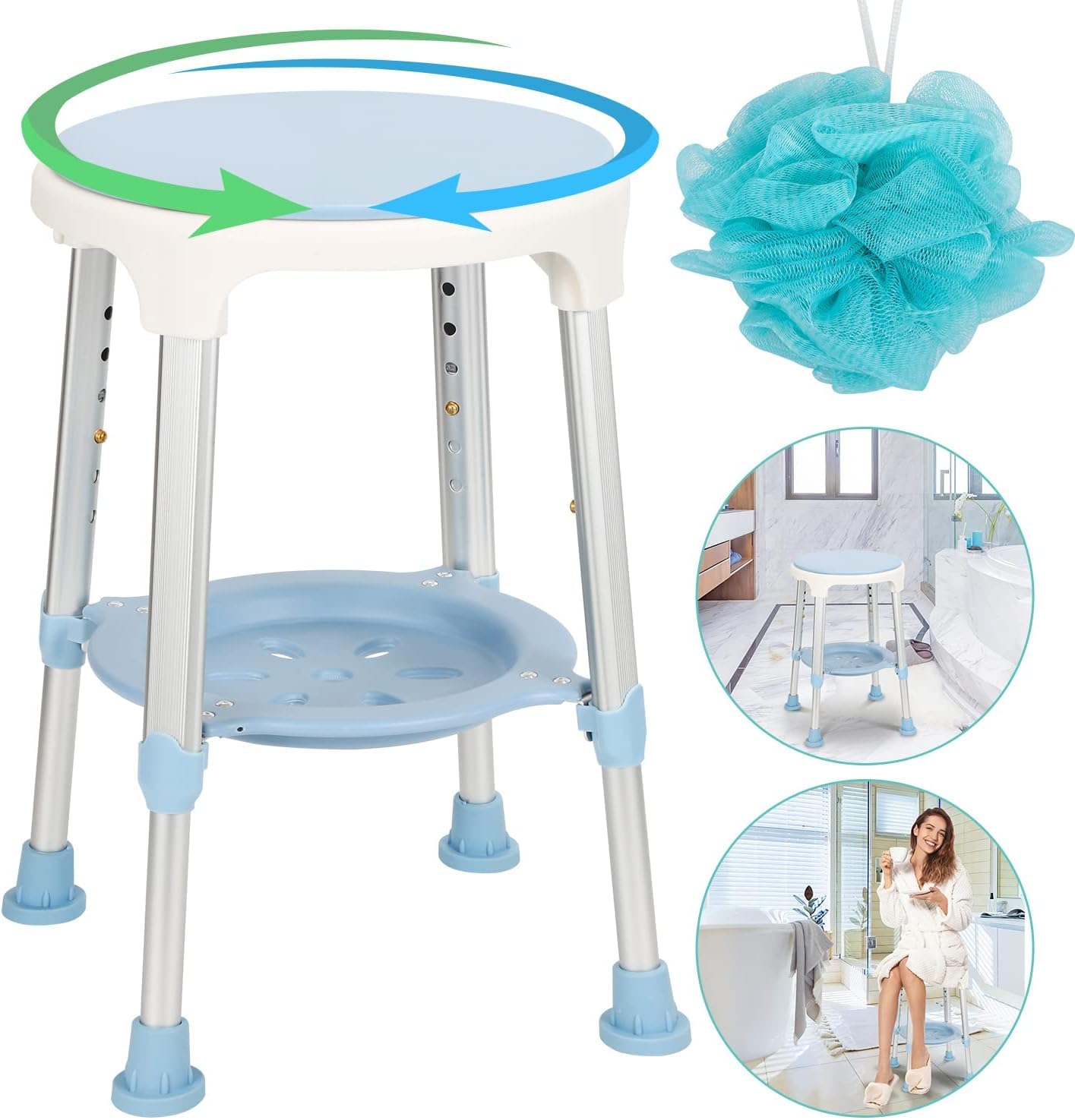 Taboret prysznicowy, krzesło prysznicowe, obracane o 360°, stołek łazienkowy, taboret z miejscem do przechowywania, regulacja wysokości 42-54 cm, obciążenie 136 kg, stabilny taboret łazienkowy
