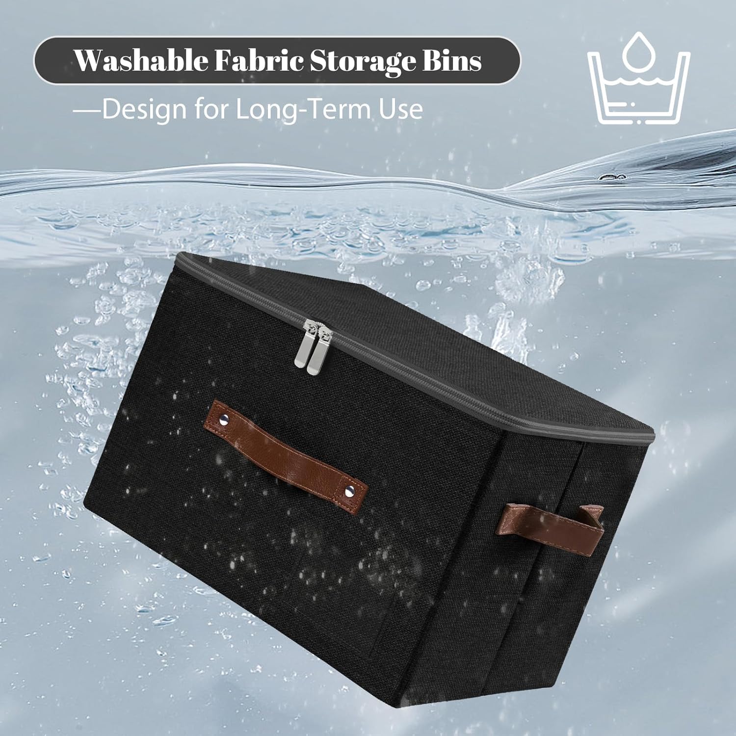 ANMINY 3PCS Storage Bins with Zipper Lid Storage Boxes with Label Holder PU Leather Handles Washable Foldable Decorative Lidded Cotton Linen Fabric Cubes Baskets Closet Organizer - Black, Large