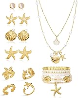 MEDOJO 17 Pcs Seashell Starfish Beach Jewelry Set for Women - Boho Summer Earrings Rings Necklaces Anklets Bracelets