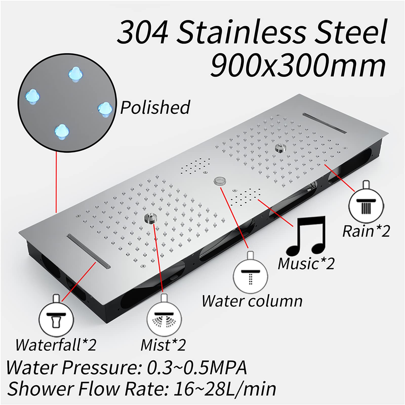LED Música Rociador Ducha 90x30cm Cromado Alcachofas Fijas para Ducha 4 Funciones 64 Colores Alcachofa de Ducha Rectangular 304 Acero Inoxidable Cabezal de Ducha Lluvia,Touch Control