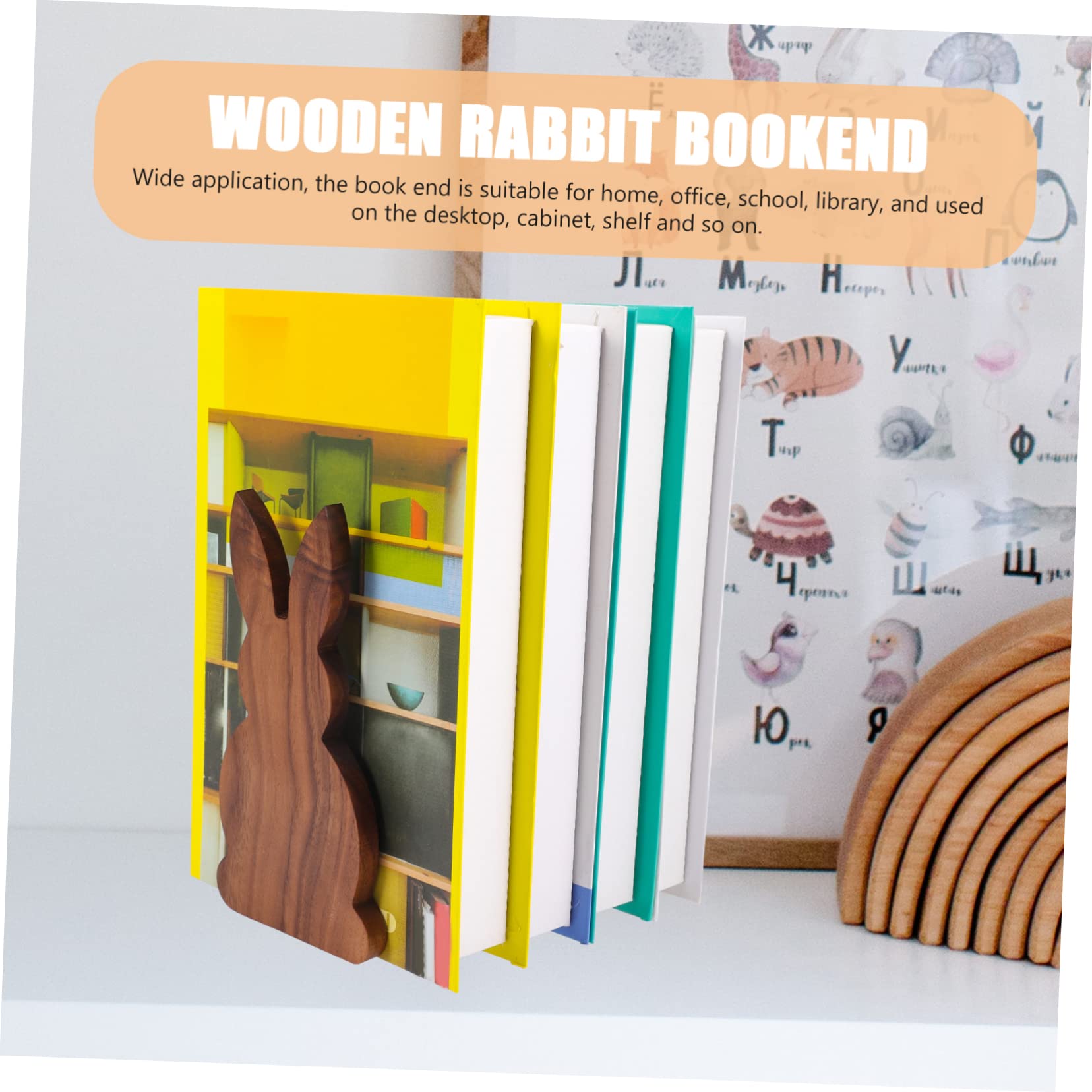 Cabilock Decorative Wooden Bookends Rabbit Bookend Book Stopper Multi-Function Book End
