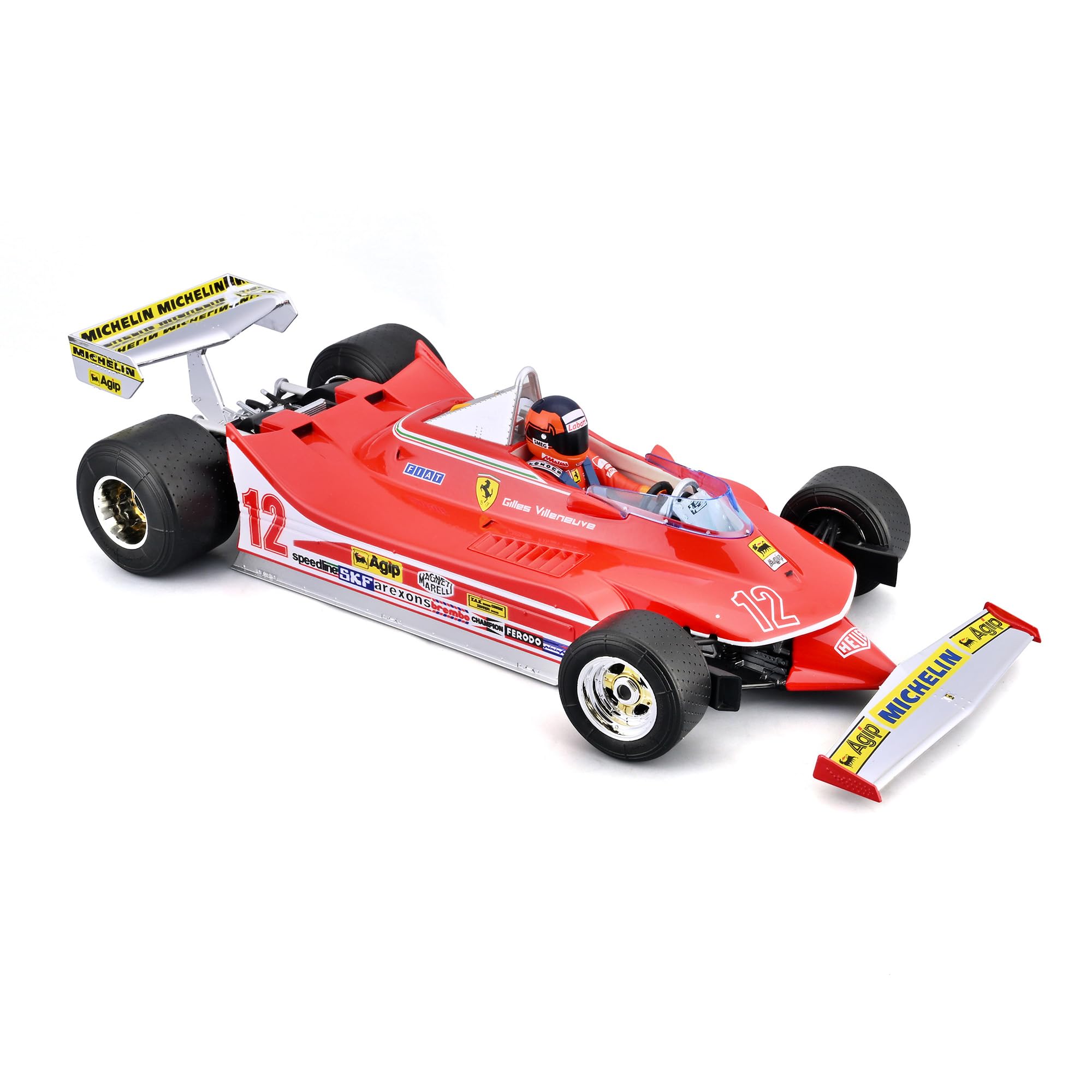 Bburago - Ferrari 312 T4 GP South Africa Winner 1979#12 Gilles Villeneuve, Modellino Auto in Scala 1:18, Replica Storica con Pilota, Dettagli Curati, Licenza Ferrari, Età Consigliata 14+ Anni