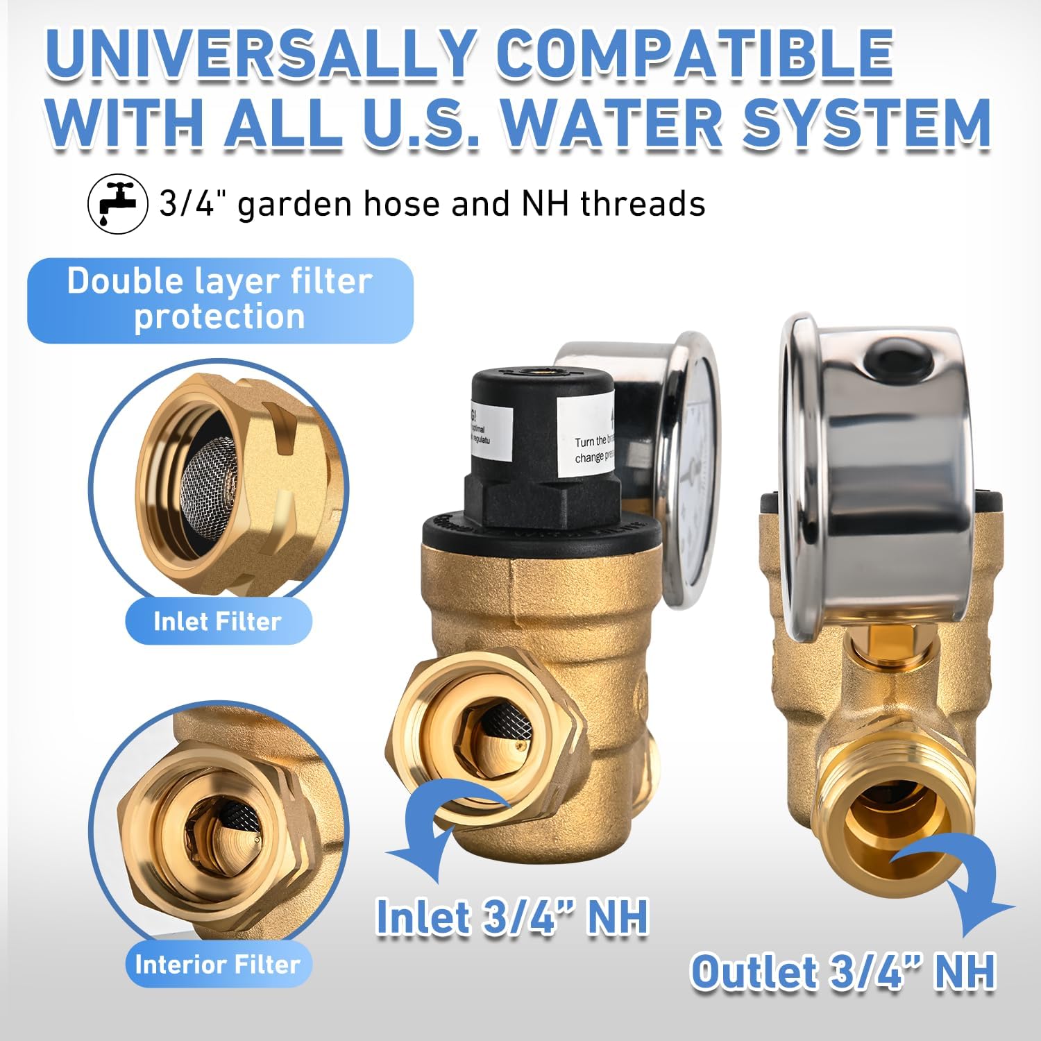 Nilight RV Water Pressure Regulator for RV Camper, Water Hose Pressure Regulator with Oil Filled Gauge and Inlet, Brass Lead-free Adjustable RV Water Pressure Regulator Valve for Camper Travel Trailer