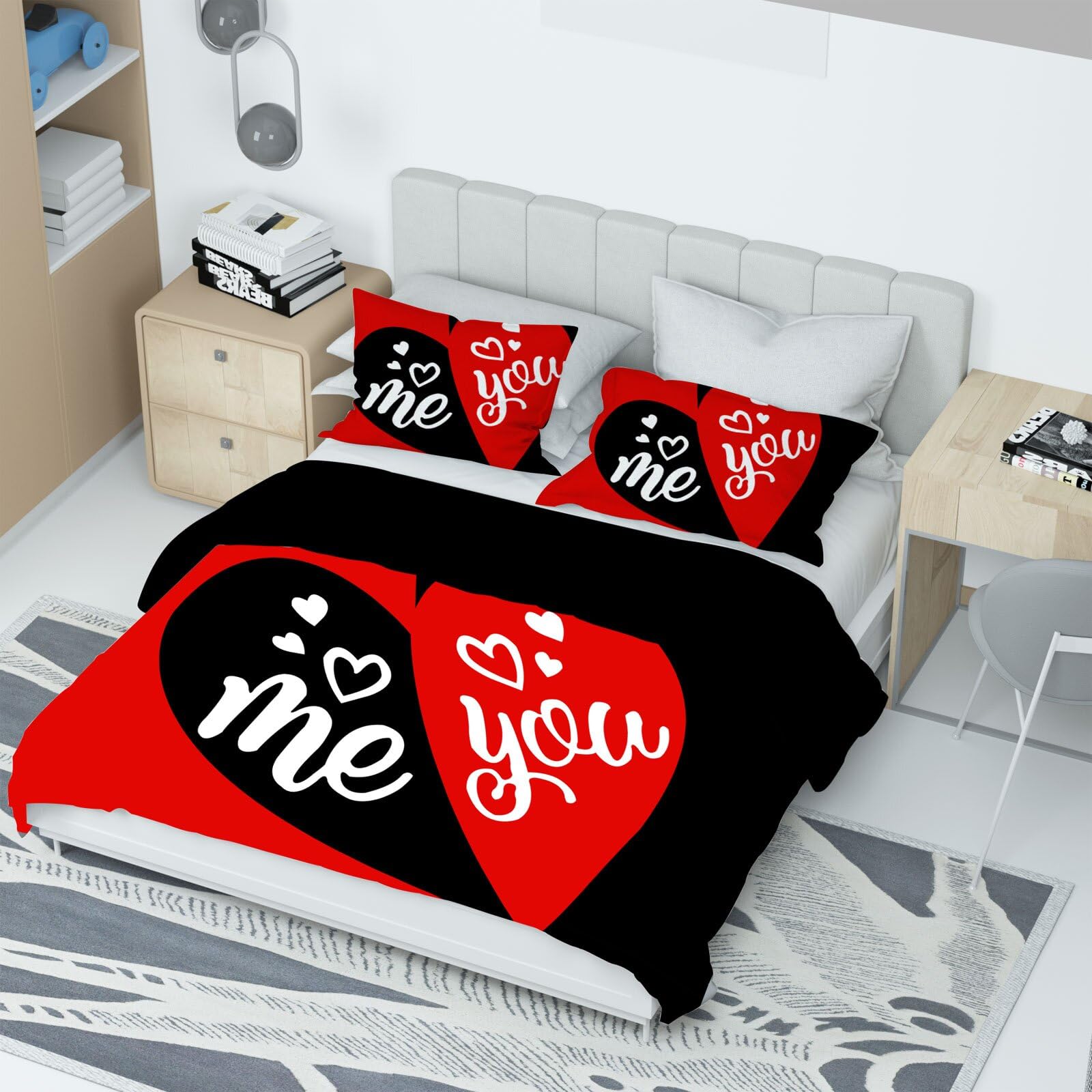 King and Queen Bed Linen, 220 x 240 cm, Black and White Couple Bed Linen, 100% Microfibre, Duvet Cover, King Queen with Zip, 1 Duvet Cover and 2 Pillowcases (W, 135x200 cm