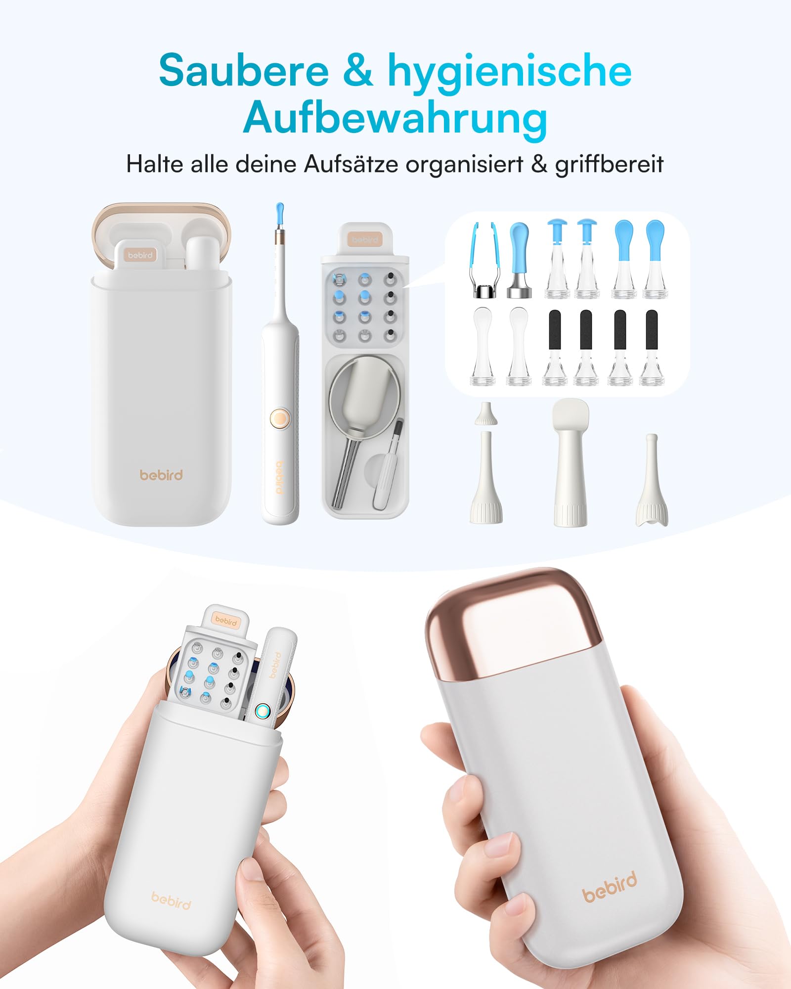 BEBIRD Ohrenschmalz Entferner mit Kamera, 1920P HD flexibler Ohrreiniger, komplettes Set mit Pinzette und 13 Aufsätzen für die sichere Reinigung zu Hause – Weiß