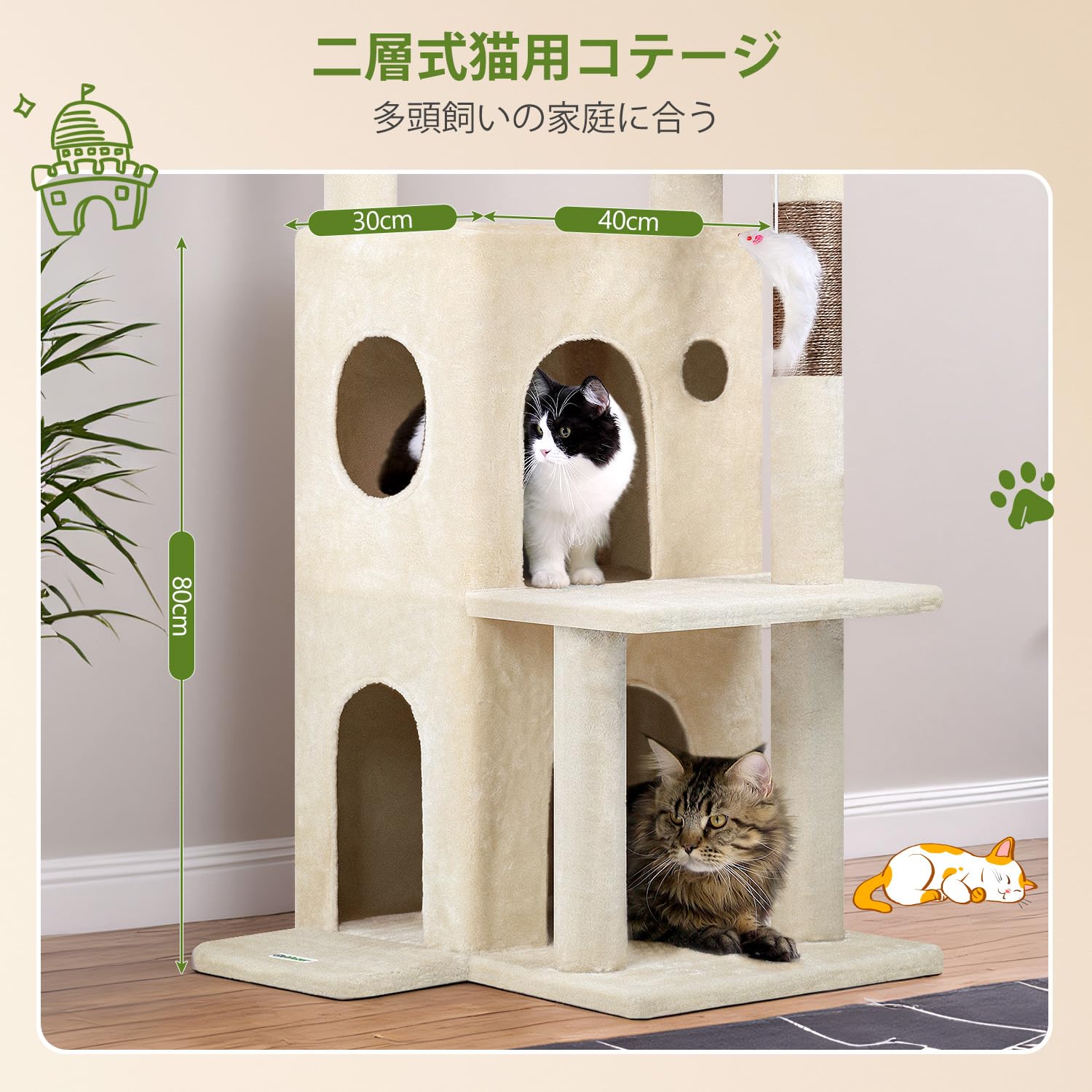 Amazon | Globlazer キャットタワー 低い 据え置き 多頭飼い 二層式
