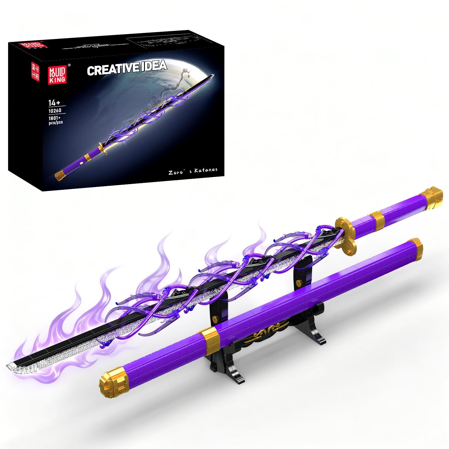 Mould King 10260 Espada Estilo Anime de Bloques de construcción con iluminación LED, Modelo de Sable Luminoso para Adultos, Espada Pirata-samurái de Cosplay con Funda y Base de exhibición