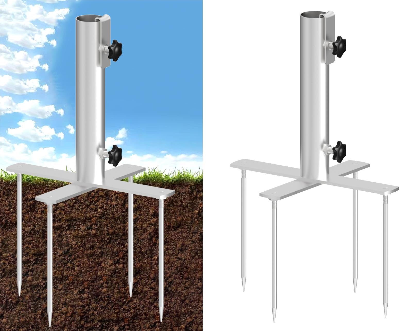 Zaquak Beach Umbrella Base,Umbrella Stake with Knock Down design,Heavy Duty Metal Ground Grass Auger Holder Stands with Four Forks-(Fit 1”-1.5”Pole)