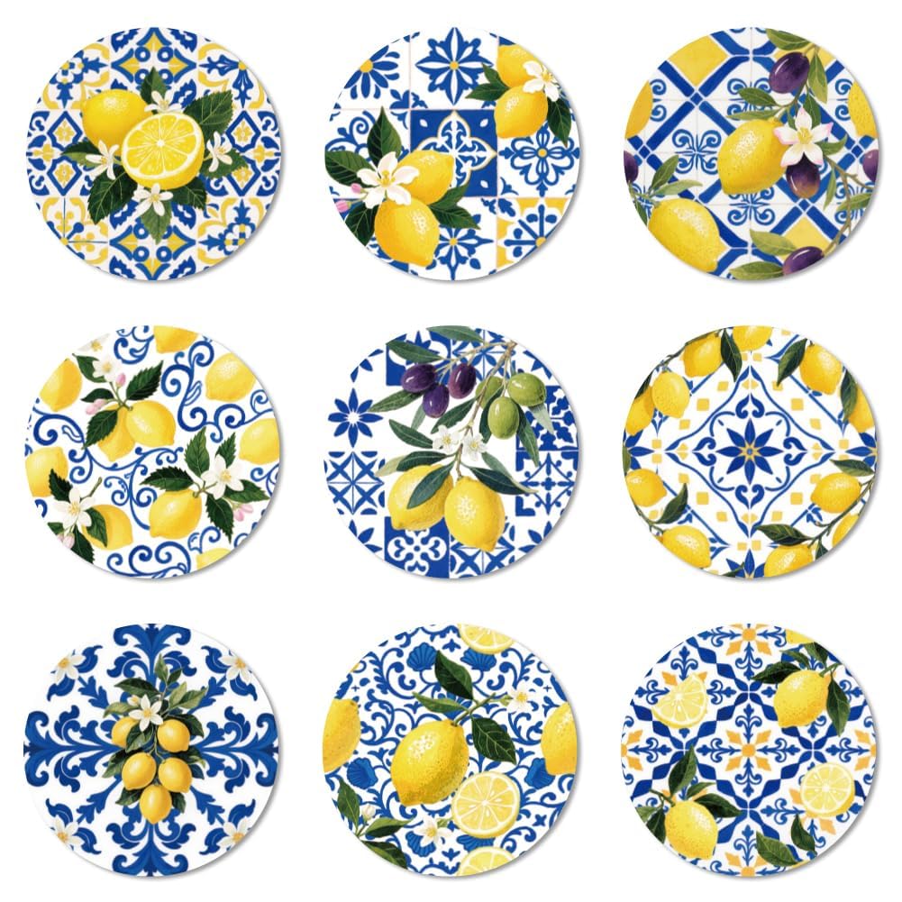 Coasters Set of 9 Lemon with Blue Ceramic Pattern Colorful Wooden Coasters Round for Desk Coffee Table Decor, 3.9" Non-Slip Table Cup Holders for Bar Housewarming Gift-image-4