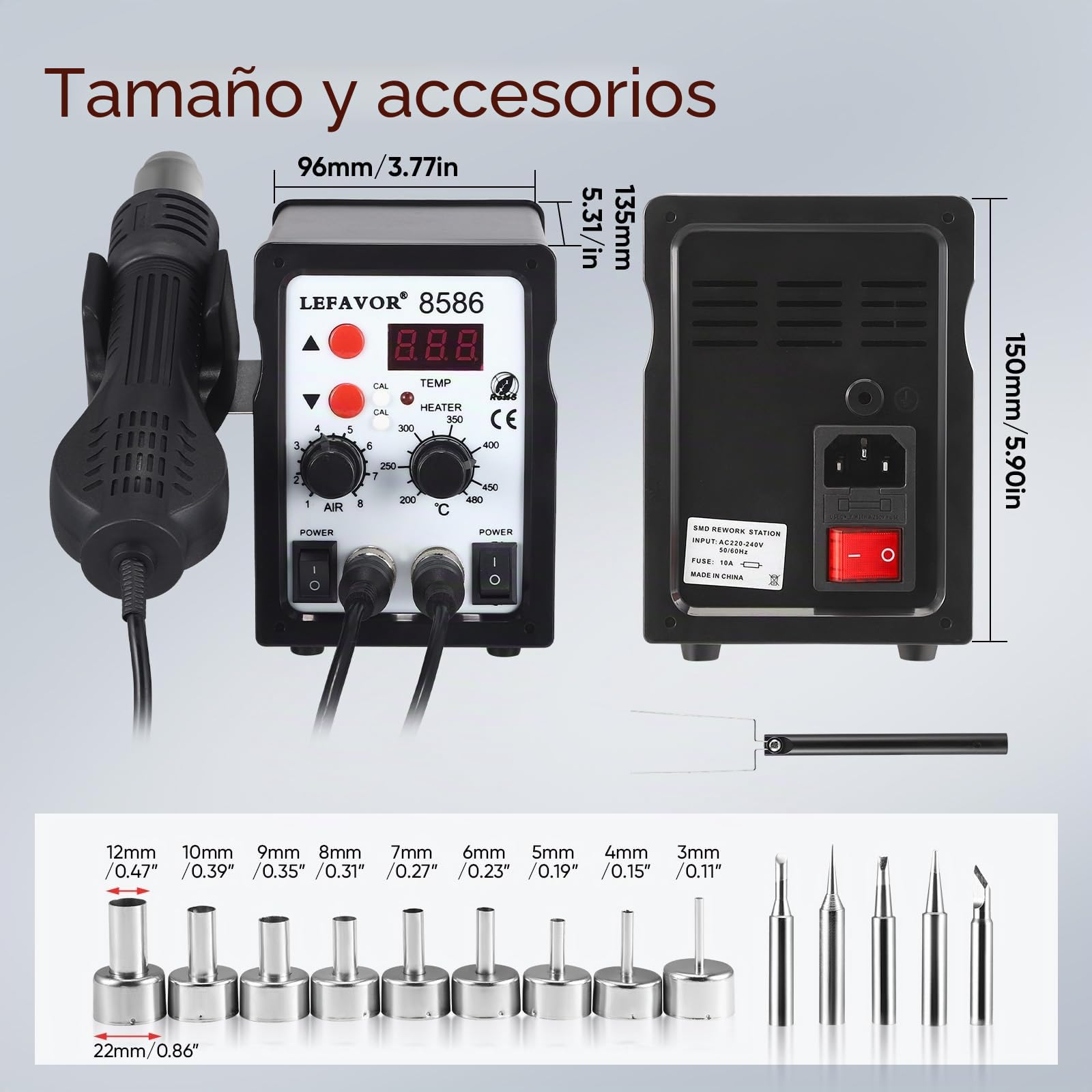 Towwoo Estación de Soldadura 2 en 1 con Aire Caliente, Conversión °C/ºF, Pantalla LED, Temperatura Ajustable 200-500℃, Soldador de Estaño para Reparación