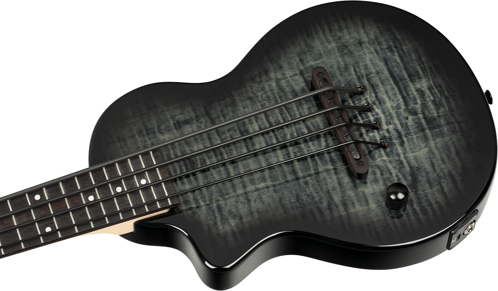 Ortega Guitars Basse Ukulélé Gaucher – Électro-Acoustique, Corps Plein – Neo Series – Housse Incluse – Érable Flammé/Okoumé, Noir/Gris (NEO-BS-TGB-L)