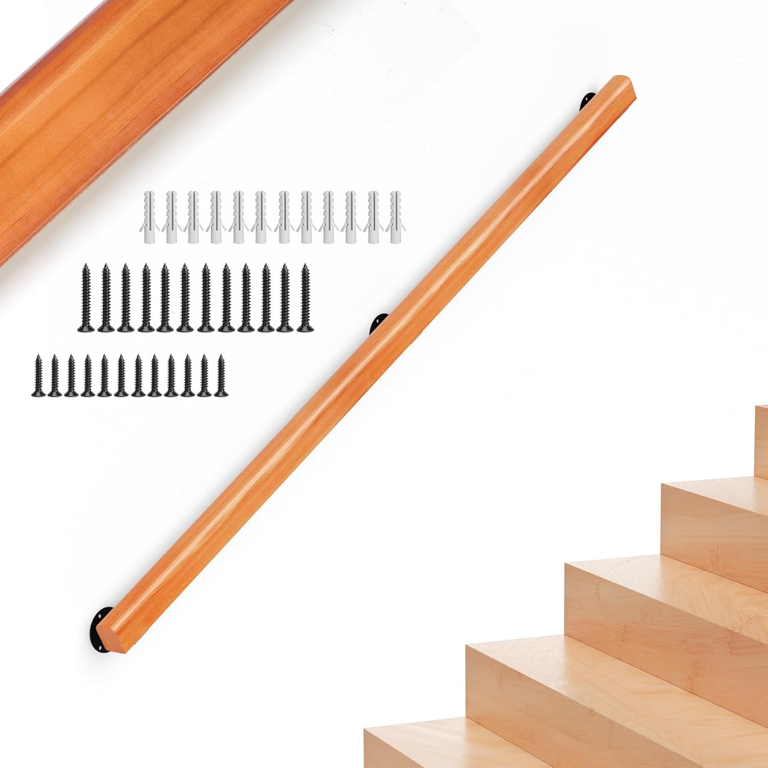 2FT Wooden Stair Handrails,Hand Railings for Stairs Indoor Outdoor Wall Mount Support Wood Handrails,Non-Slip Sturdy Staircase Handrail Safety Grab Bar Rod Complete Kit for Home,Lofts,Guardrail