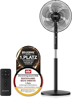 Brandson - DC Standventilator energiesparend ECO - Preisträger 2026 - sehr leise - mit Fernbedienung - Brushless Silent Motor - Oszilation 80° - Ventilator Timer – 12 Stufen