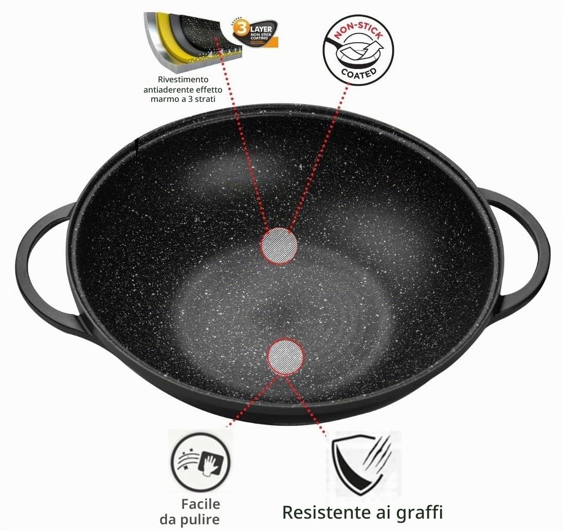 Cheffinger Wok Padella Wok Woktopf Induzione 36cm Alluminio Fuso con Coperchio Padella Marmorbeschichtung Manici IN Silicone
